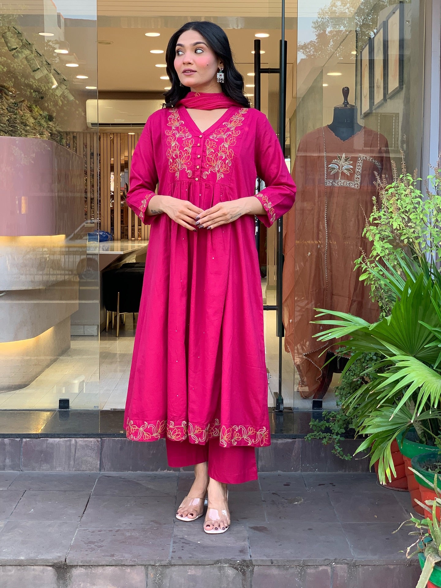 Viscose Chanderi Anarkali Set with Lotus Motif Embroidery & Pleated Flare
