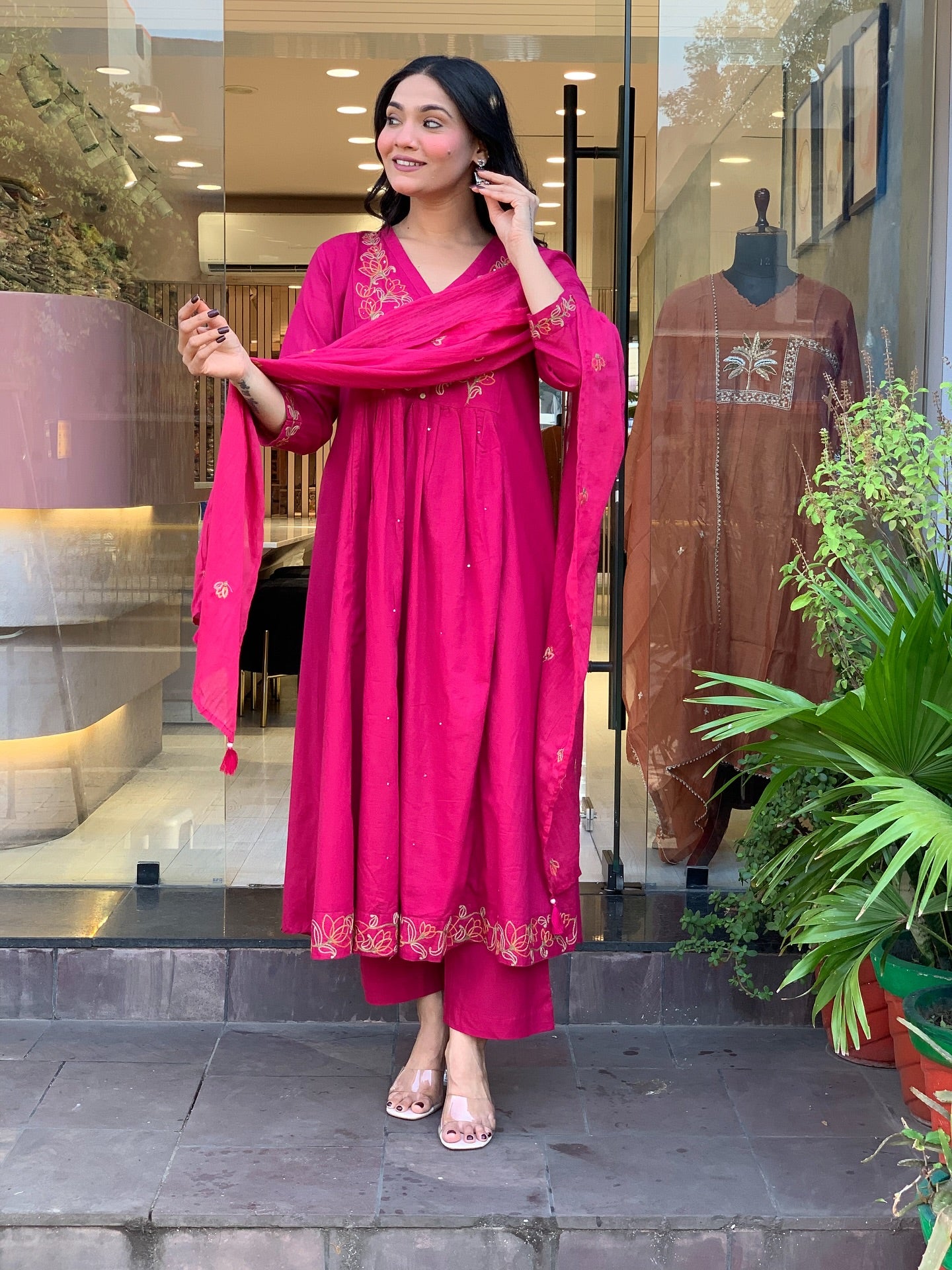 Viscose Chanderi Anarkali Set with Lotus Motif Embroidery & Pleated Flare