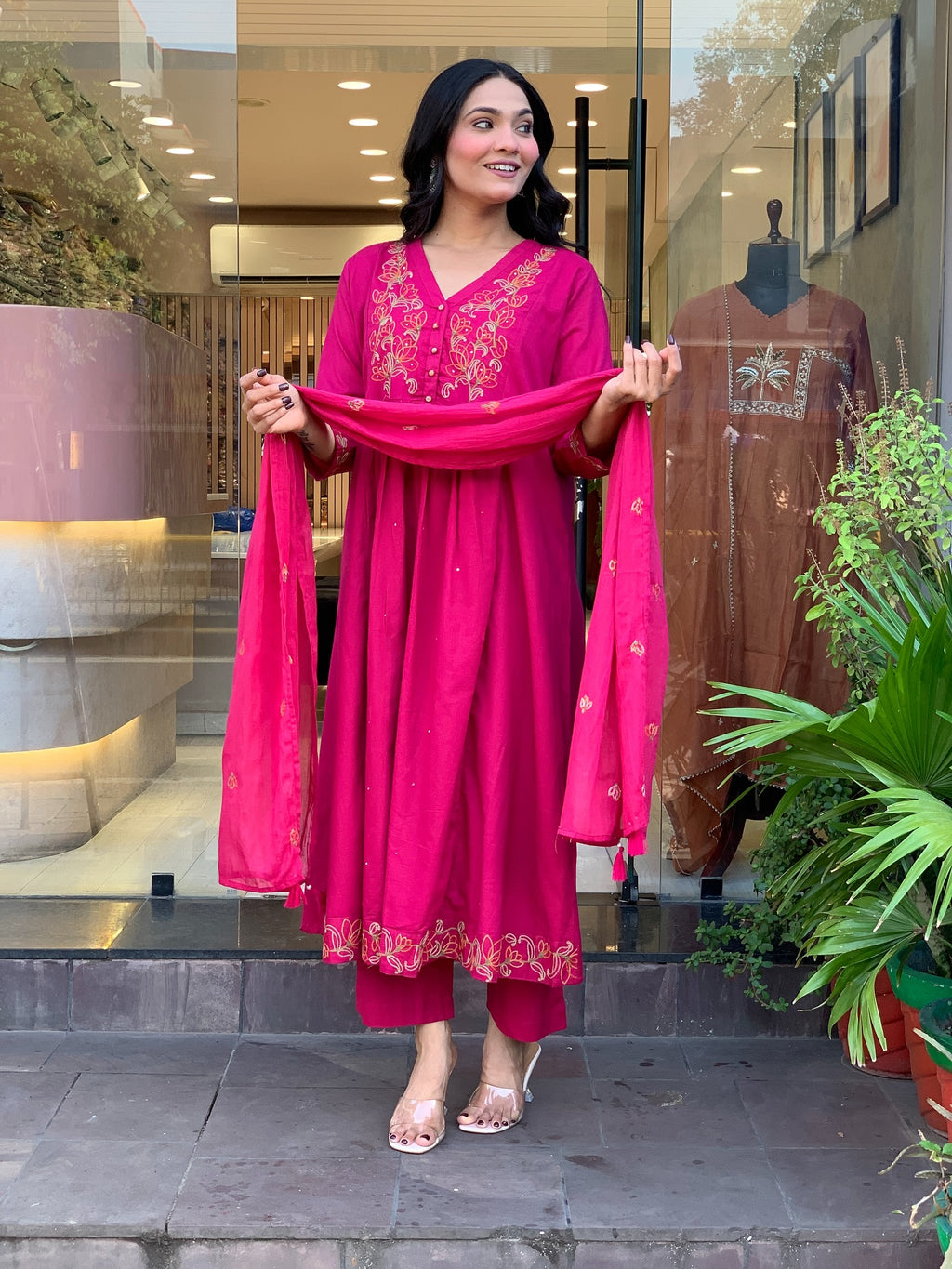Viscose Chanderi Anarkali Set with Lotus Motif Embroidery & Pleated Flare