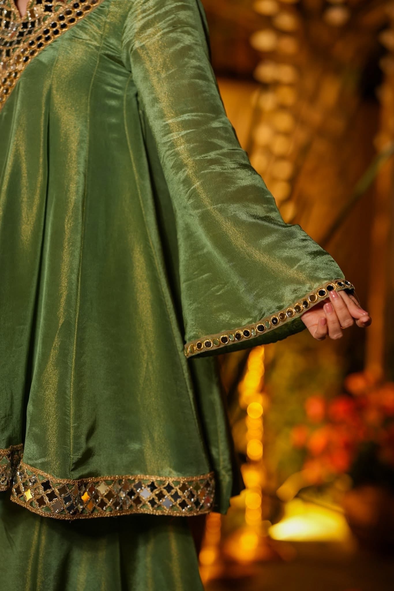 Elegant Olive Green Mirror Work Vichitra Silk Anarkali Kurta Set with Dupatta-Festive & Wedding Wear