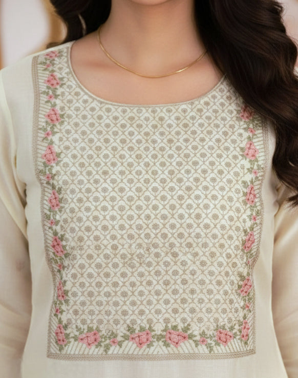 Ivory Serenity: Slub Rayon Embroidered Kurta Set with Floral Print Dupatta