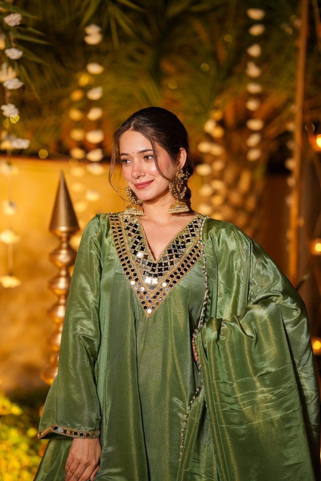Elegant Olive Green Mirror Work Vichitra Silk Anarkali Kurta Set with Dupatta-Festive & Wedding Wear