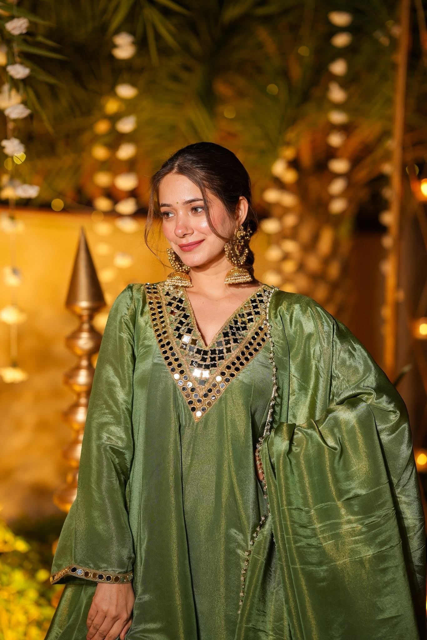 Elegant Olive Green Mirror Work Vichitra Silk Anarkali Kurta Set with Dupatta-Festive & Wedding Wear