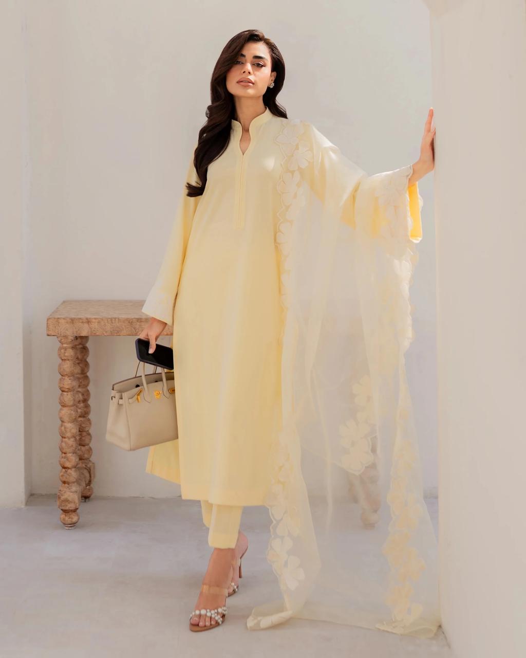 Radiant Lemon Yellow Chanderi Embroidery Kurta Set with Floral Organza Dupatta