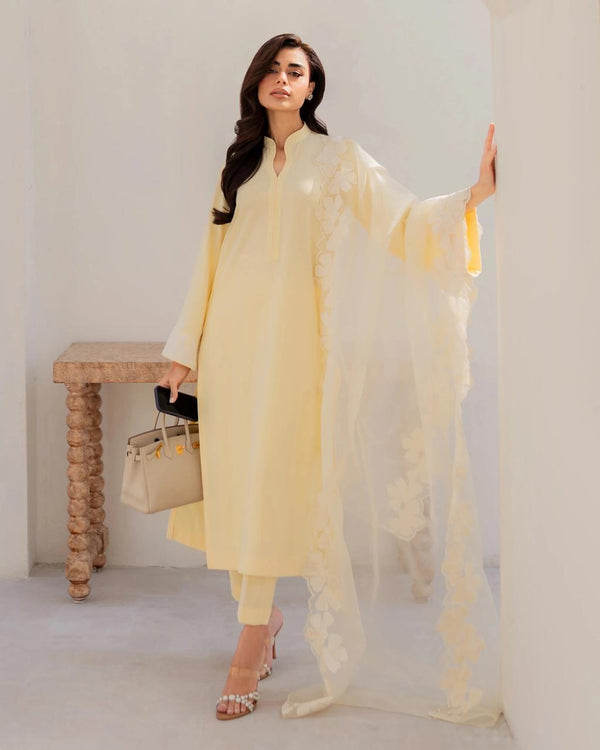 Radiant Lemon Yellow Chanderi Embroidery Kurta Set with Floral Organza Dupatta
