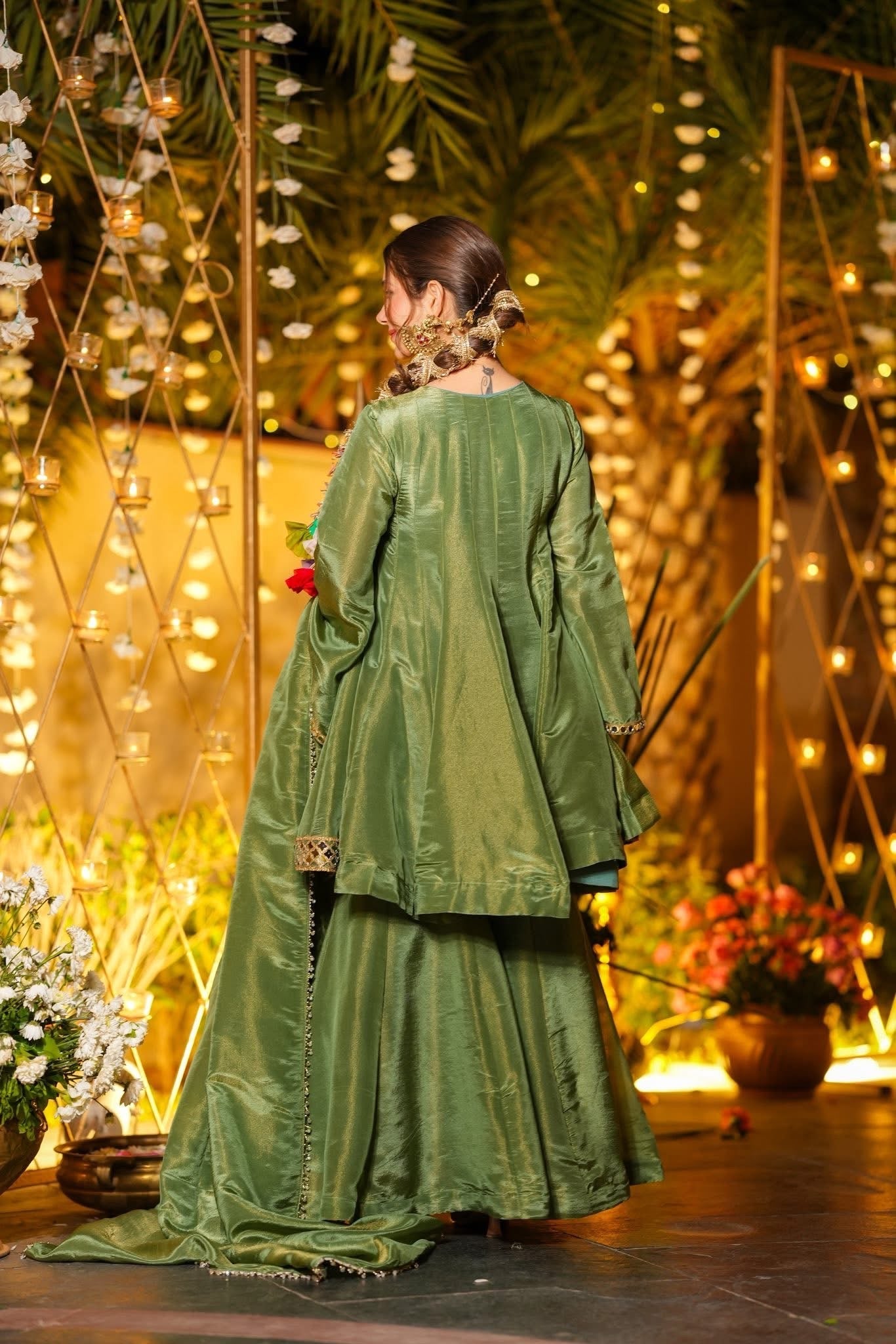 Elegant Olive Green Mirror Work Vichitra Silk Anarkali Kurta Set with Dupatta-Festive & Wedding Wear