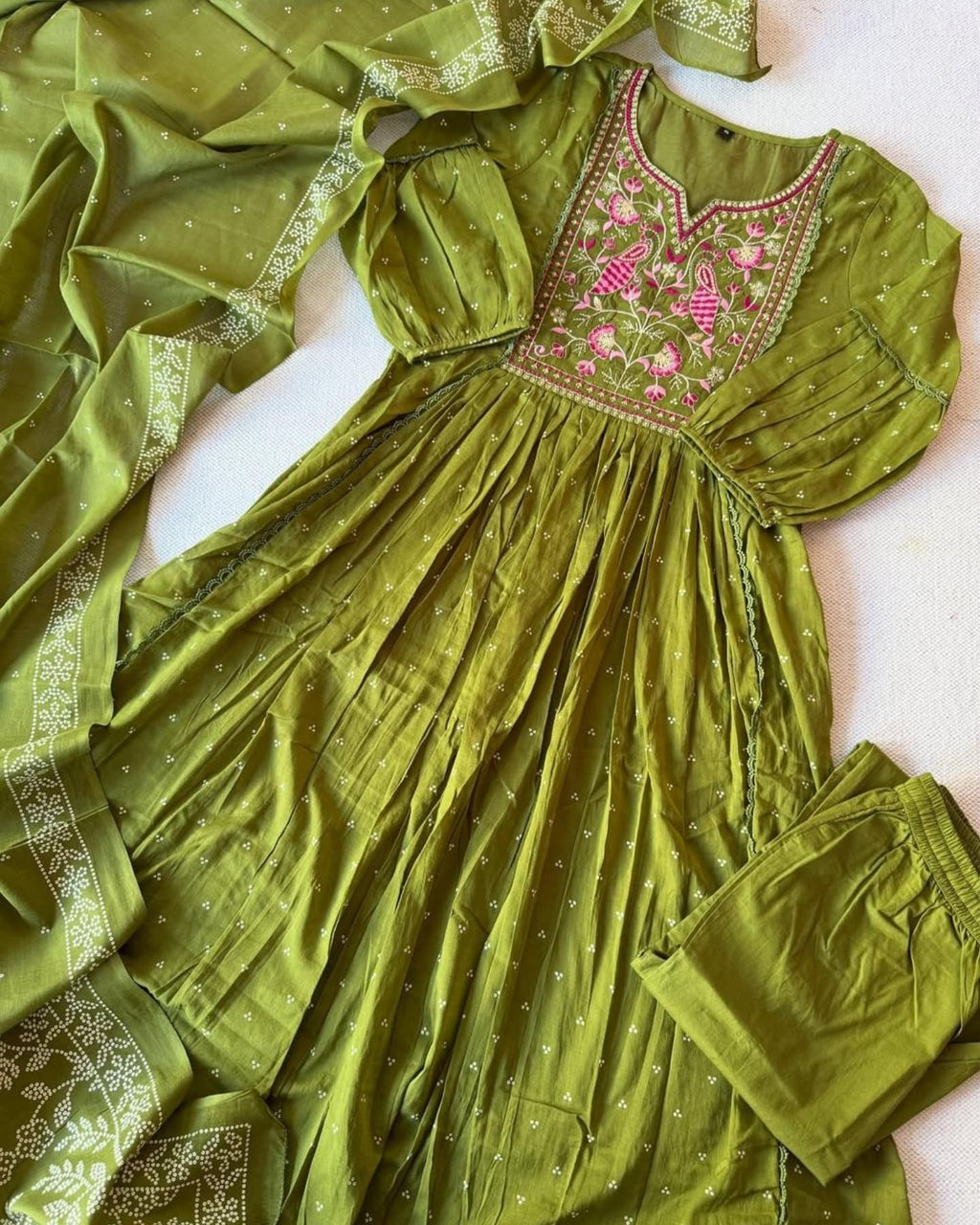 Olive Green Mul Cotton Anarkali Kurta Set with Intricate Floral Embroidery & Printed Dupatta