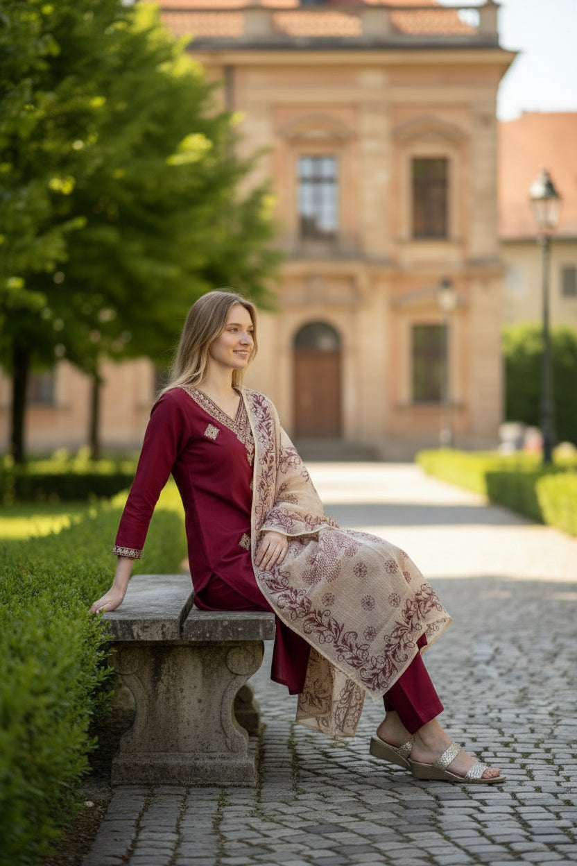 Maroon Rayon Slub Embroidered Kurta Set with Floral Printed Chanderi Dupatta