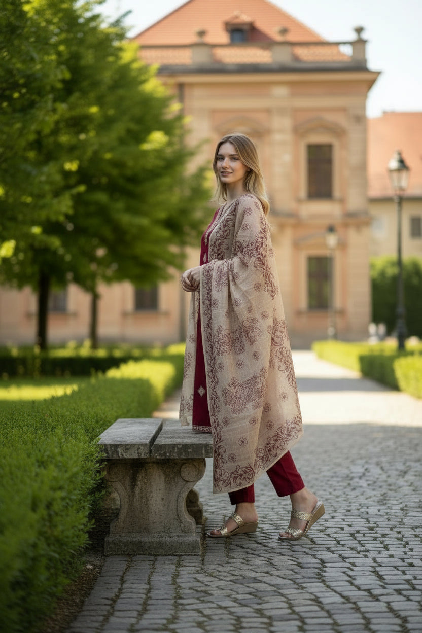 Maroon Rayon Slub Embroidered Kurta Set with Floral Printed Chanderi Dupatta