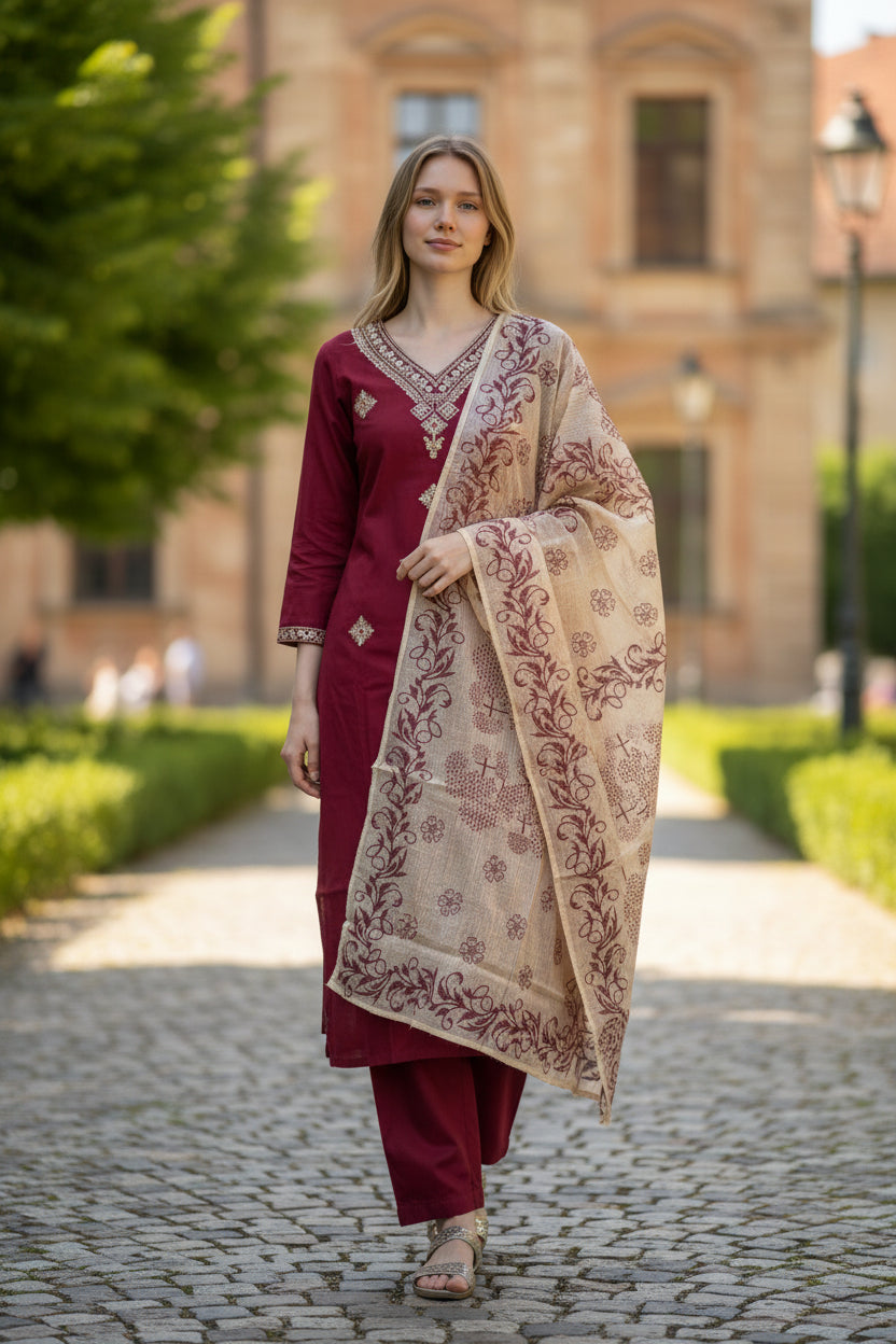 Maroon Rayon Slub Embroidered Kurta Set with Floral Printed Chanderi Dupatta