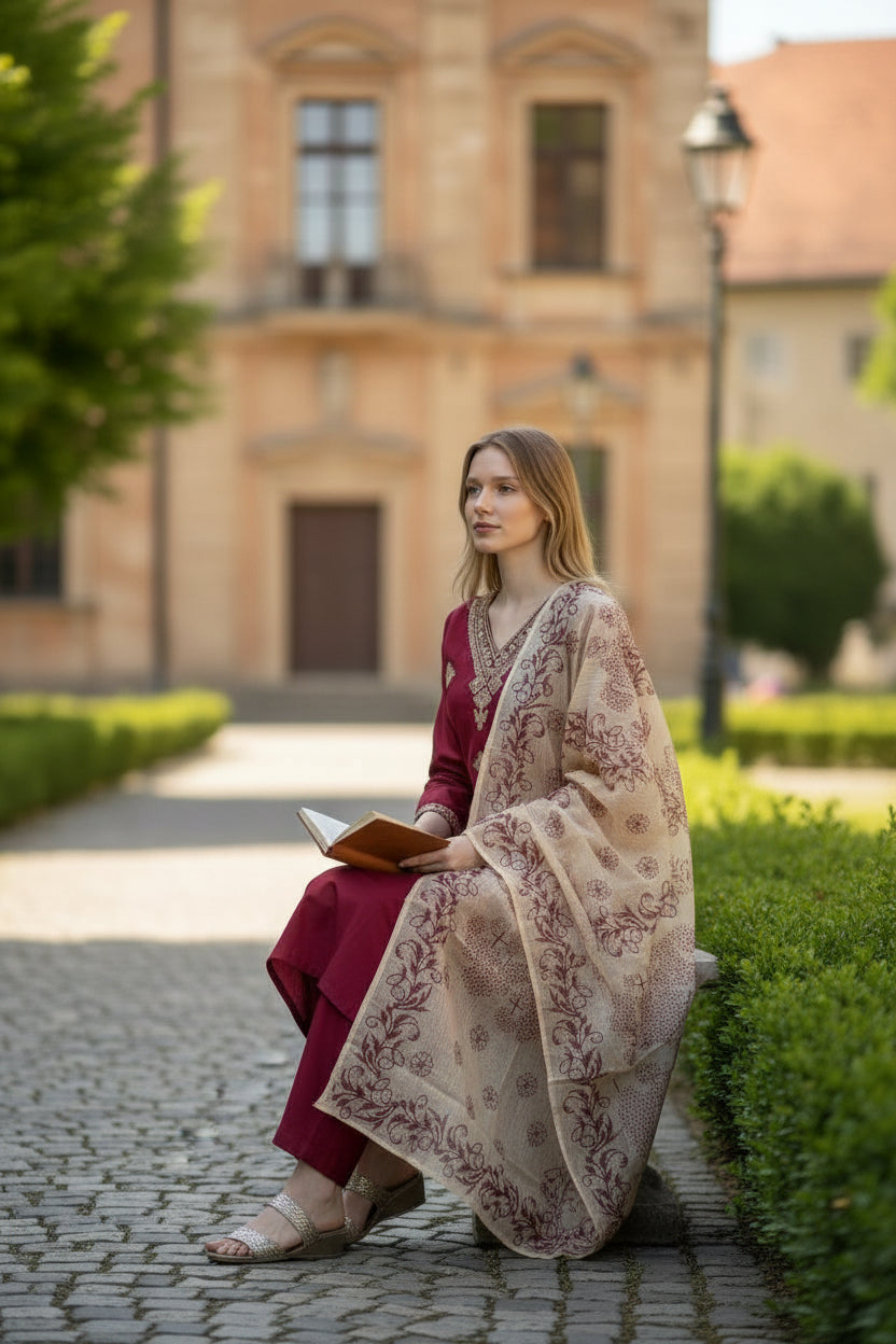 Maroon Rayon Slub Embroidered Kurta Set with Floral Printed Chanderi Dupatta