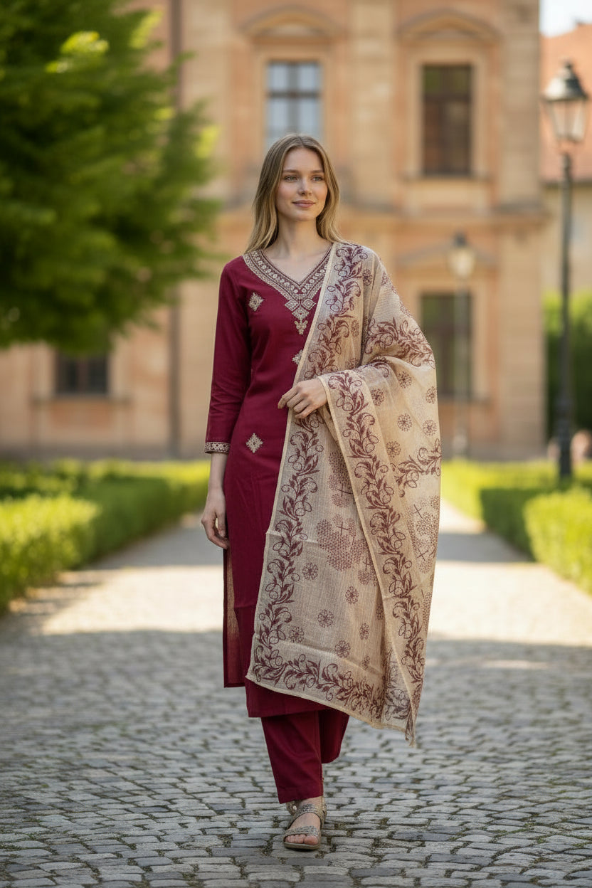 Maroon Rayon Slub Embroidered Kurta Set with Floral Printed Chanderi Dupatta