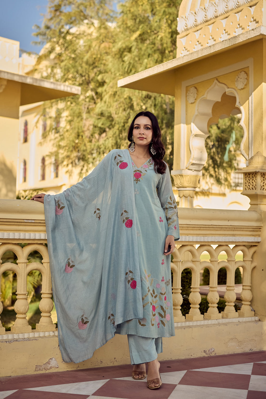 Pastel Blue Chanderi Floral Embroidered Kurta Set with Dupatta