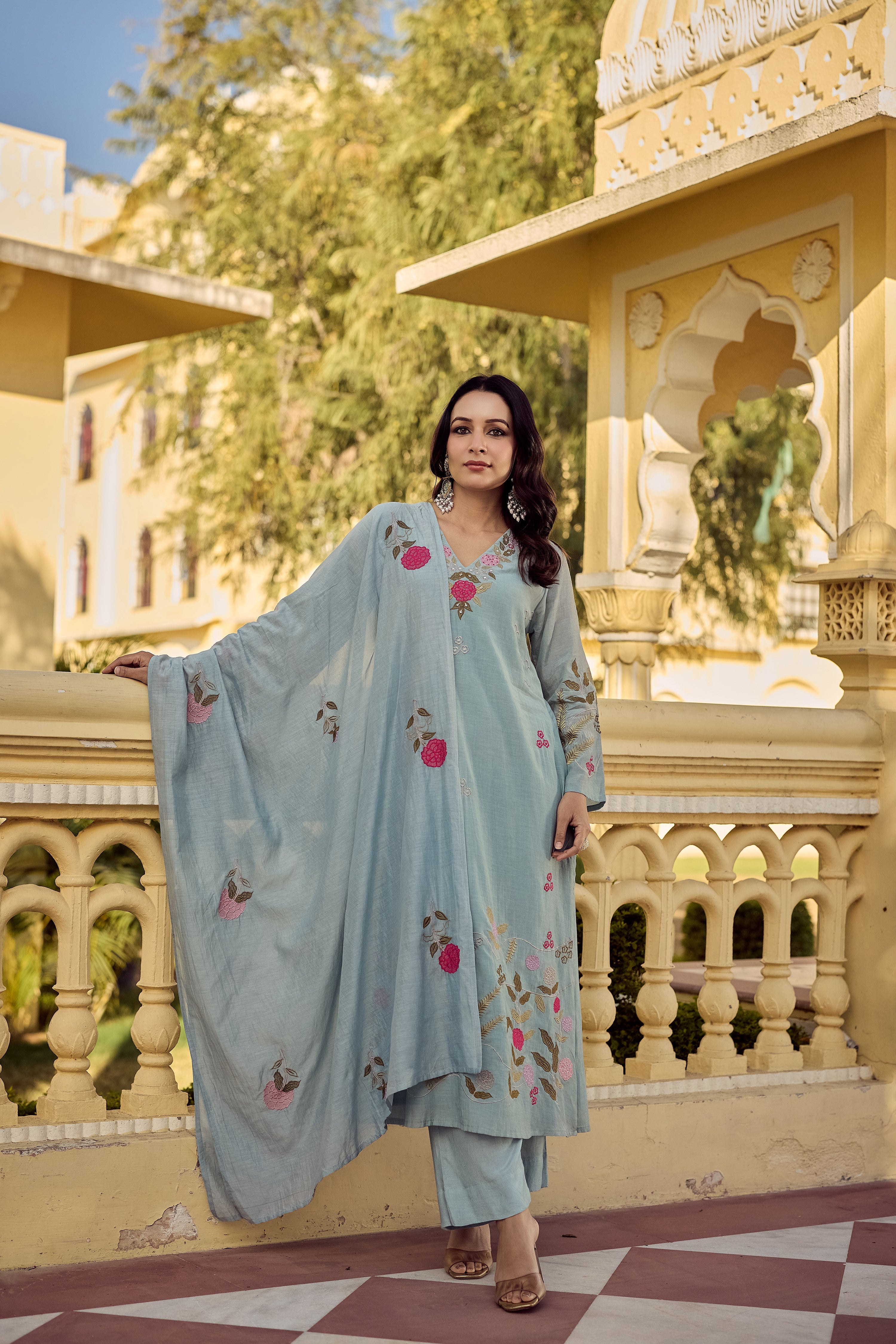Pastel Blue Chanderi Floral Embroidered Kurta Set with Dupatta