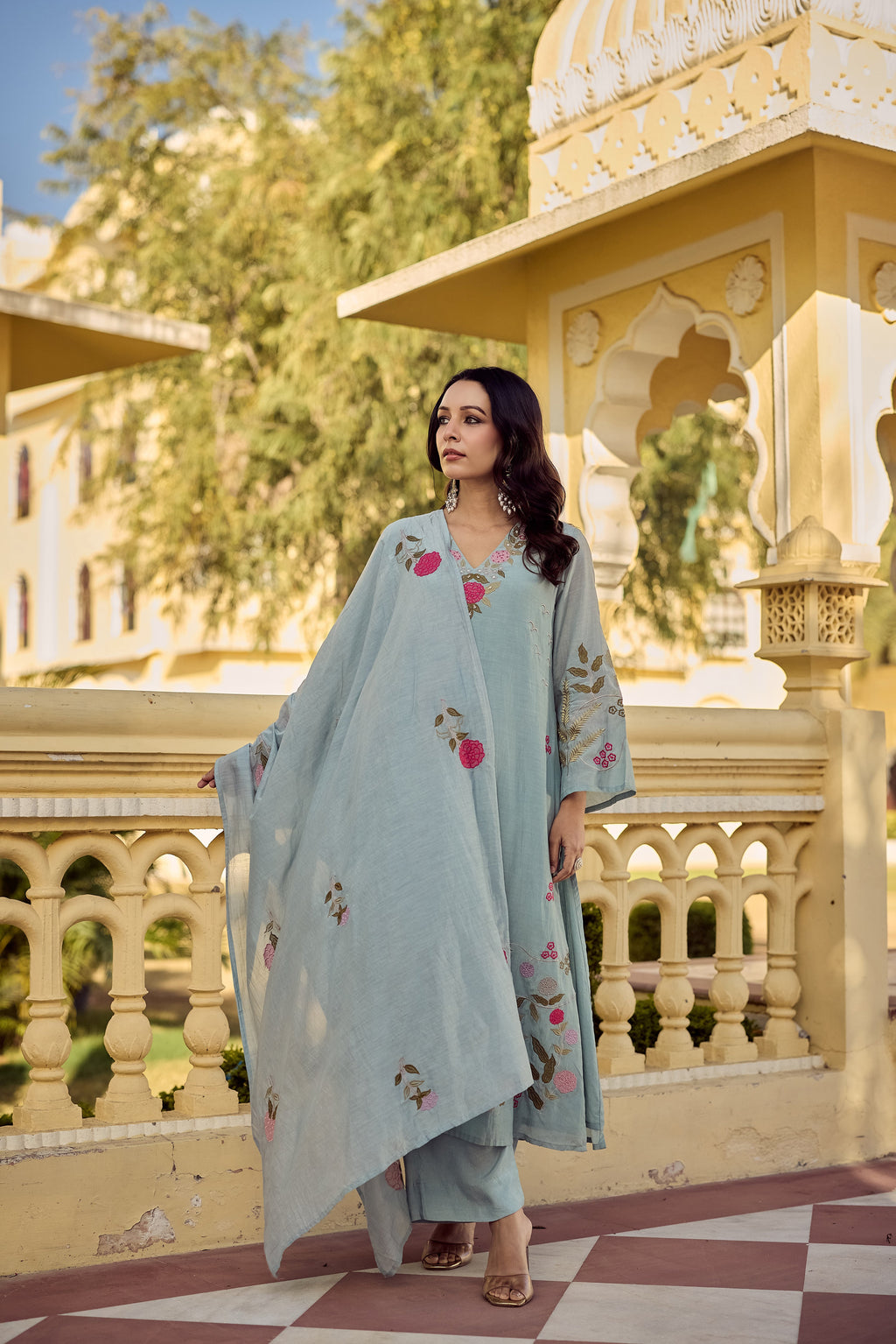 Pastel Blue Chanderi Floral Embroidered Kurta Set with Dupatta