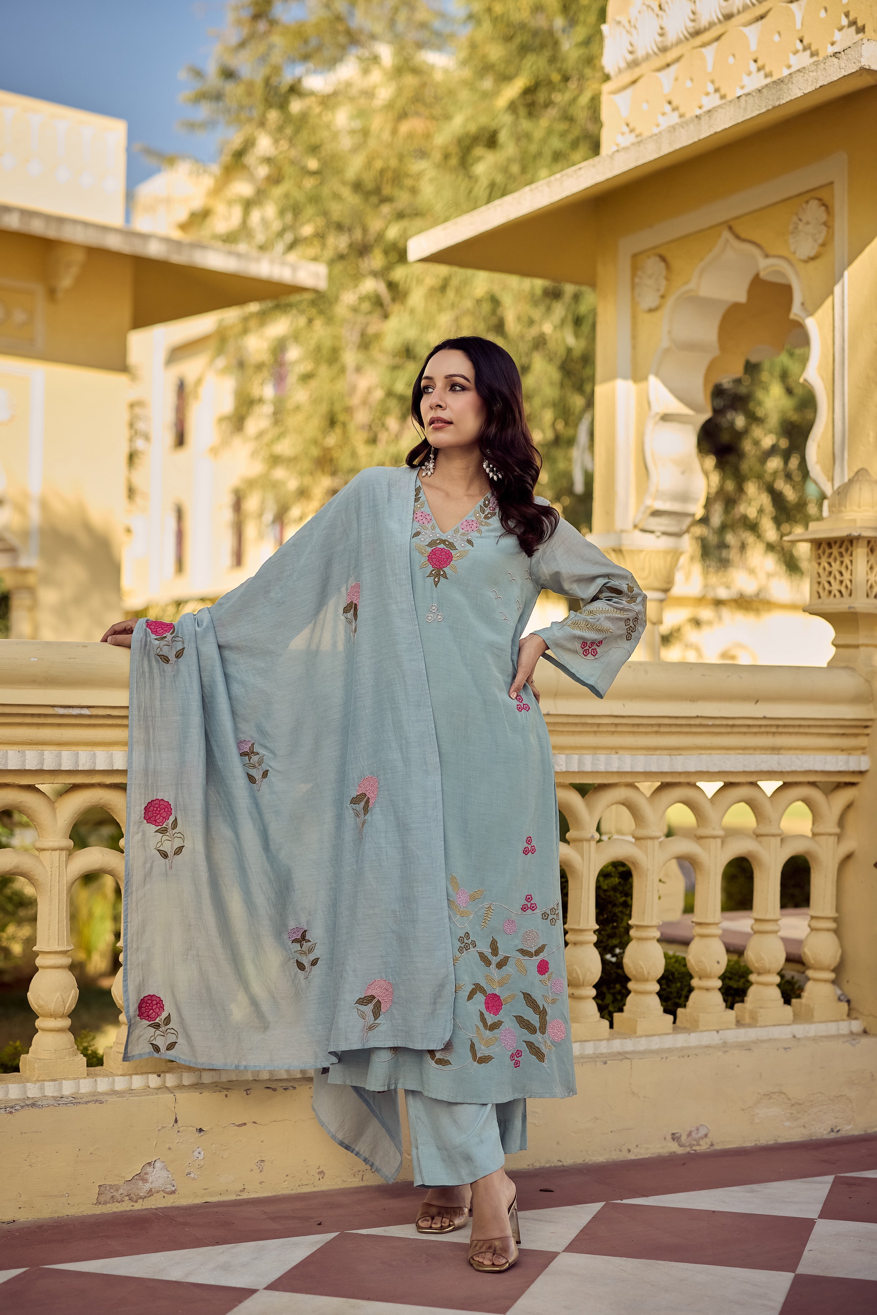 Pastel Blue Chanderi Floral Embroidered Kurta Set with Dupatta