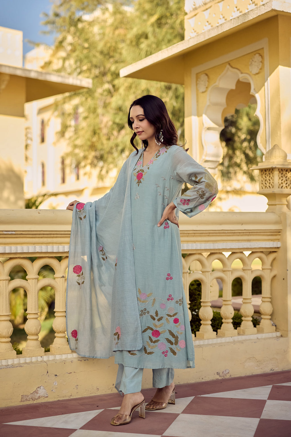 Pastel Blue Chanderi Floral Embroidered Kurta Set with Dupatta