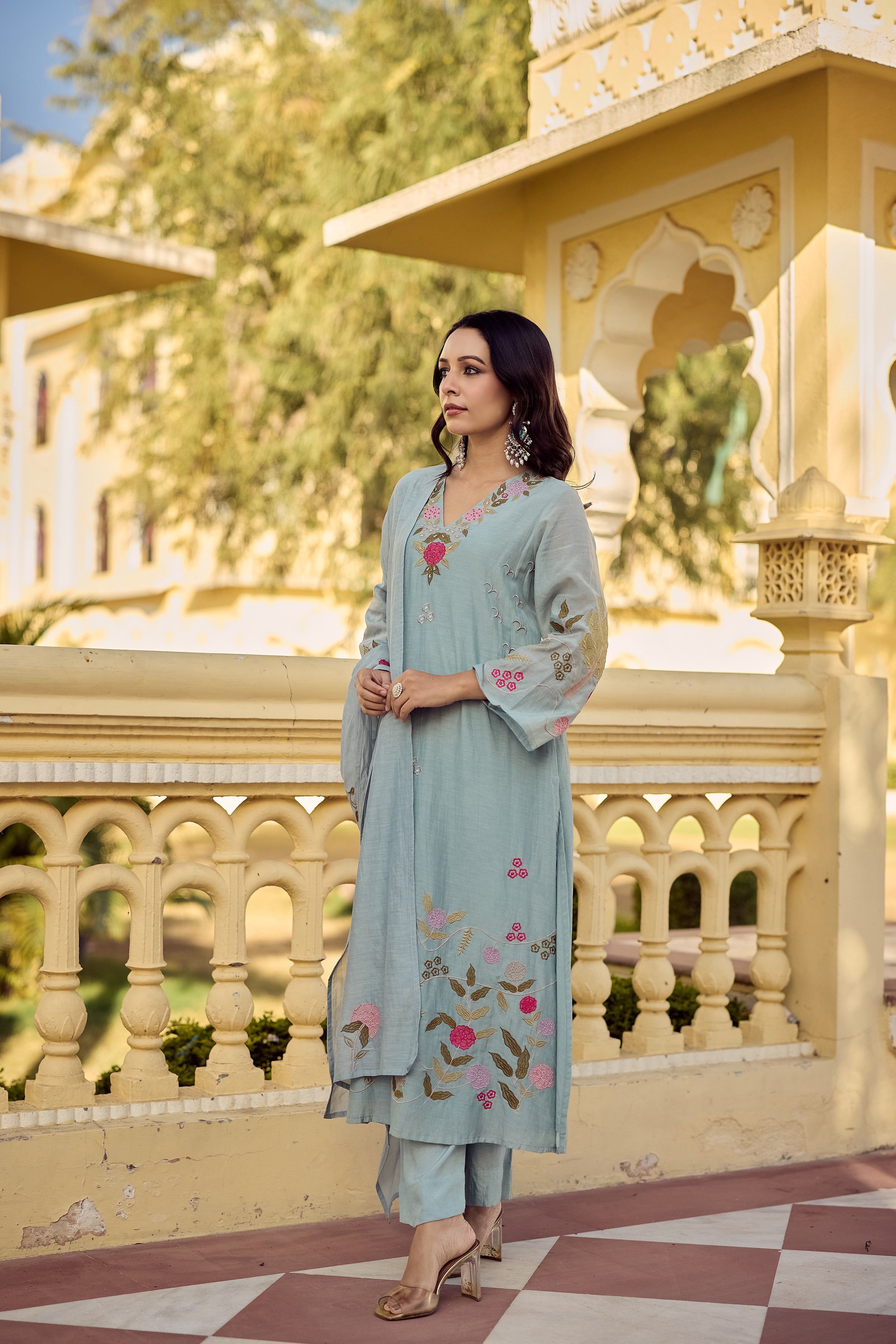 Pastel Blue Chanderi Floral Embroidered Kurta Set with Dupatta