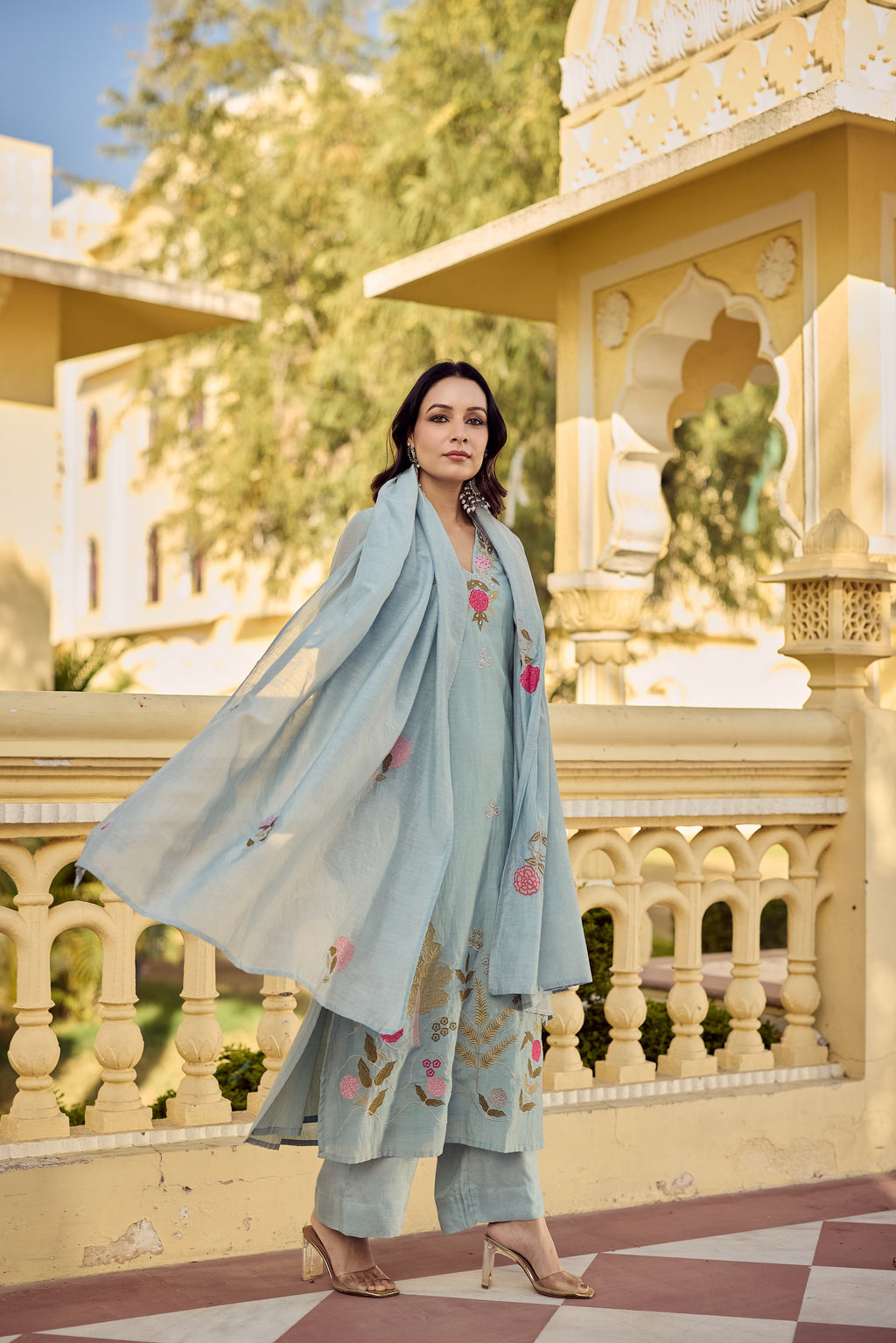 Pastel Blue Chanderi Floral Embroidered Kurta Set with Dupatta