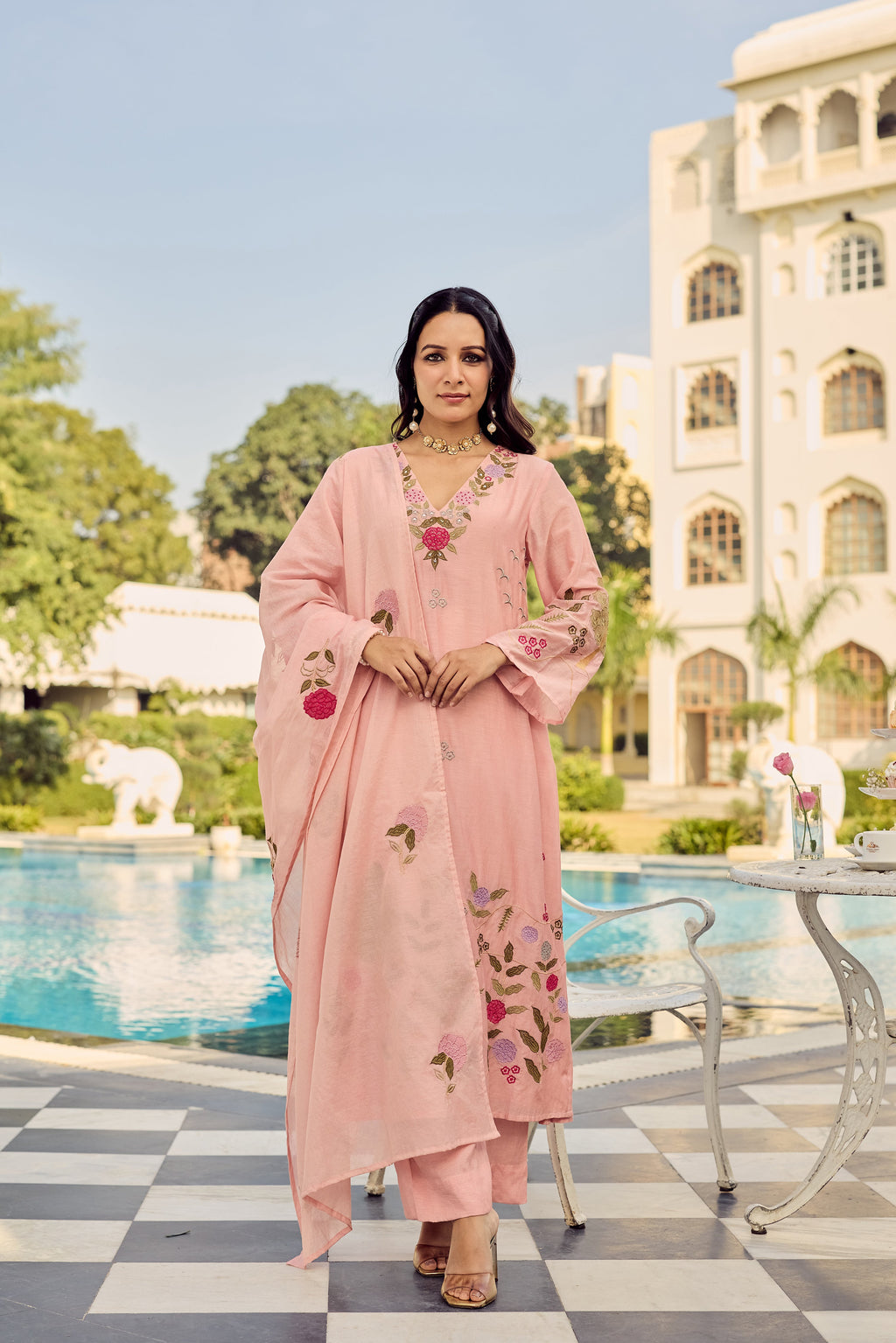 Premium Pink Chanderi Silk Floral Embroidered Kurta Set with Dupatta
