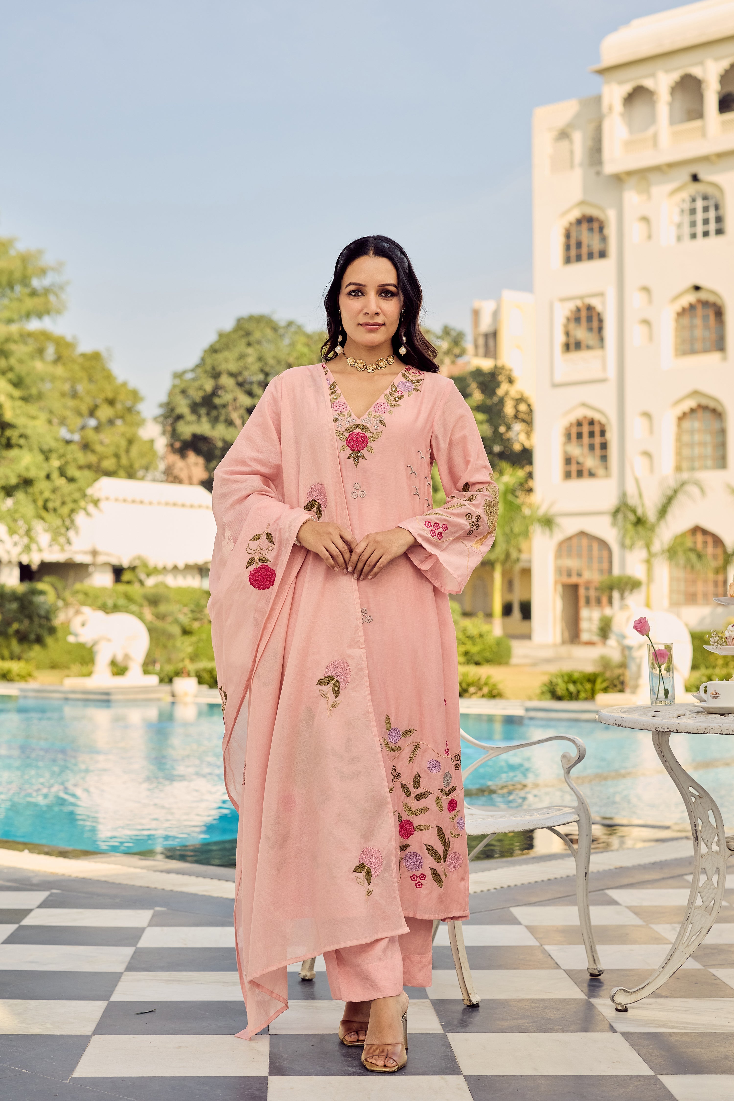 Premium Pink Chanderi Silk Floral Embroidered Kurta Set with Dupatta