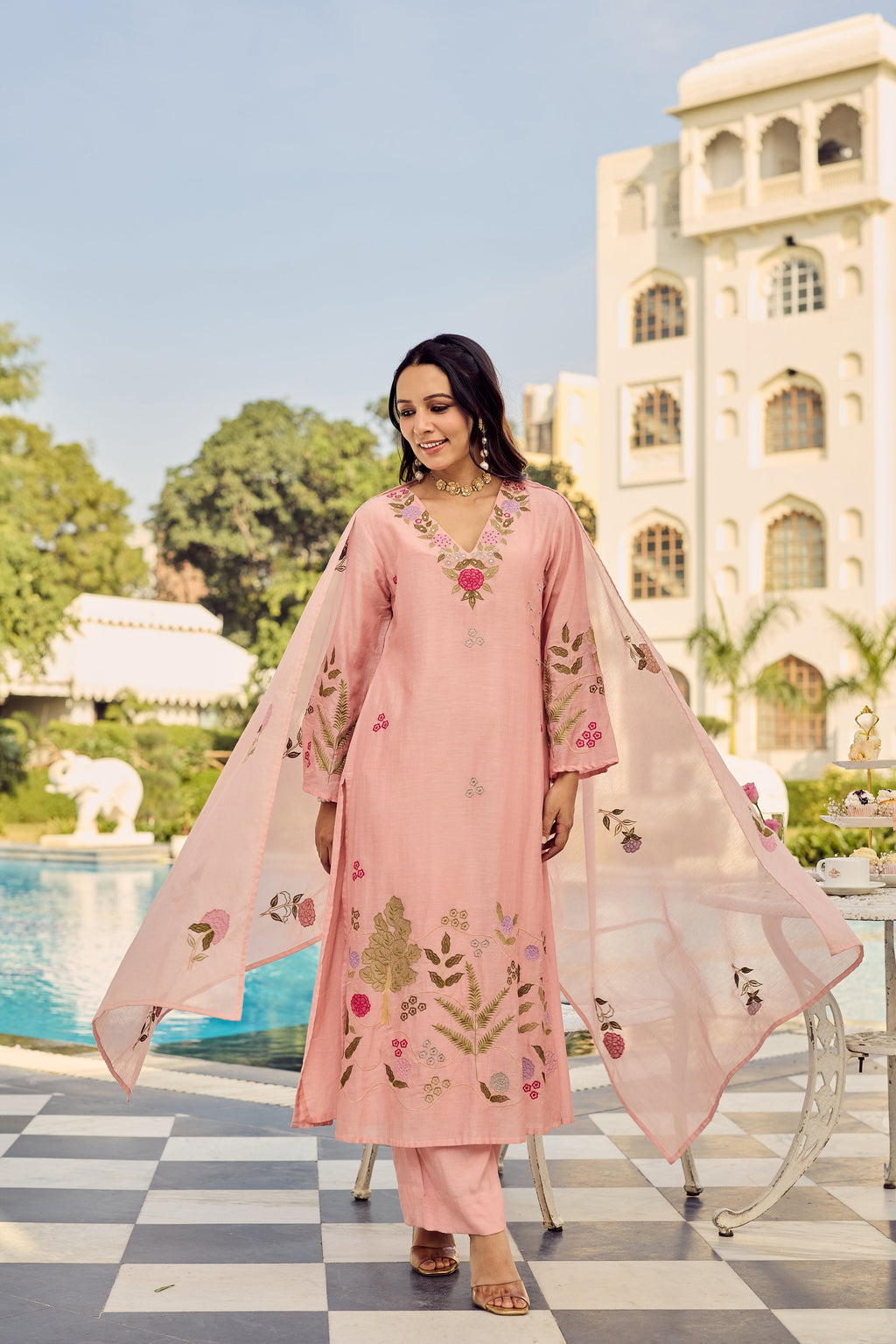 Premium Pink Chanderi Silk Floral Embroidered Kurta Set with Dupatta