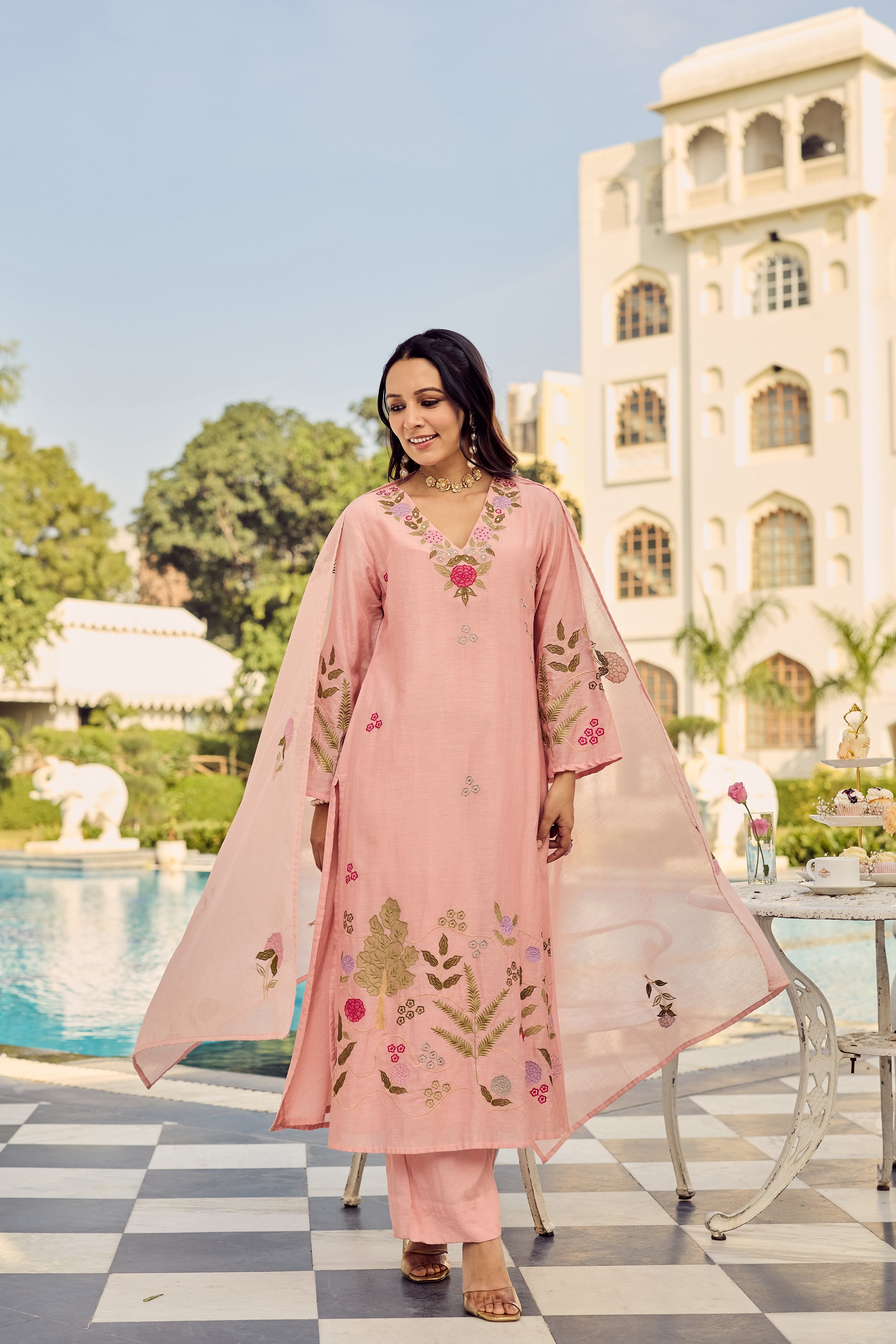Premium Pink Chanderi Silk Floral Embroidered Kurta Set with Dupatta