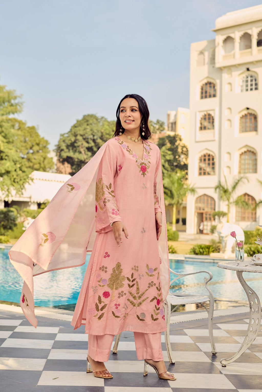 Premium Pink Chanderi Silk Floral Embroidered Kurta Set with Dupatta