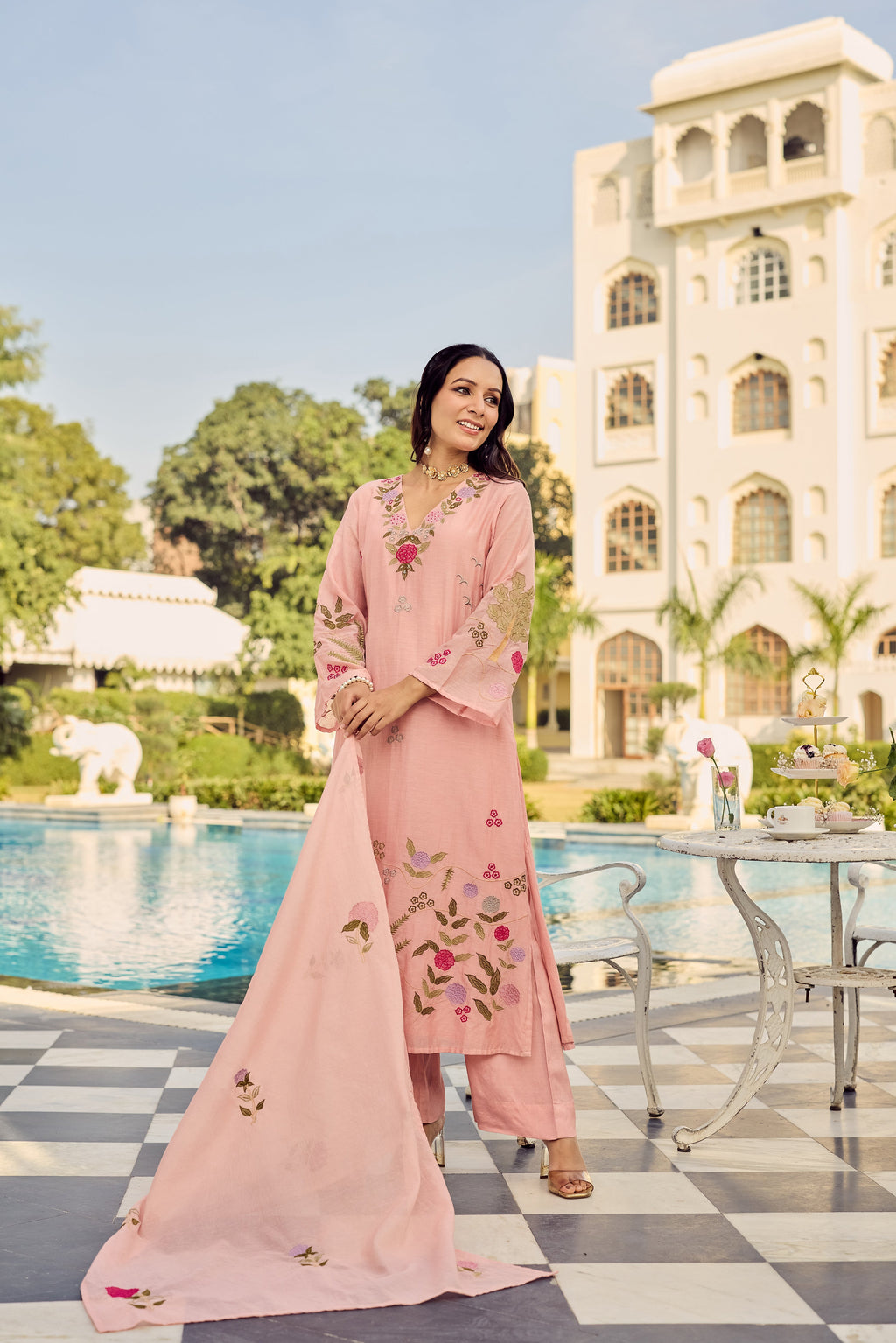 Premium Pink Chanderi Silk Floral Embroidered Kurta Set with Dupatta