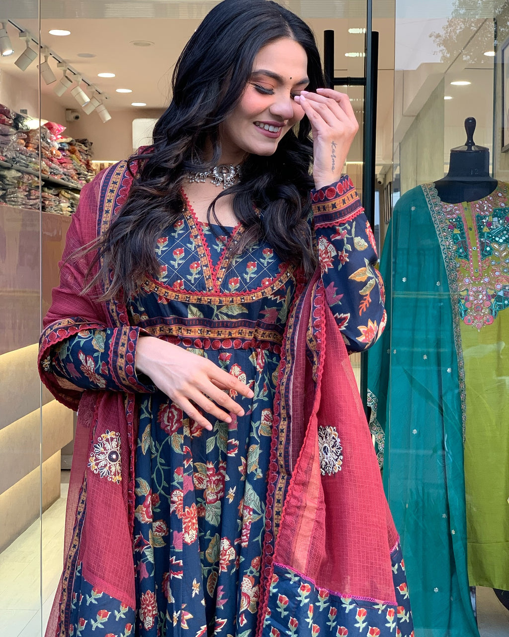 Deep Teal Floral Printed Cotton Anarkali Set with Lace Border & Contrast Maroon Dupatta