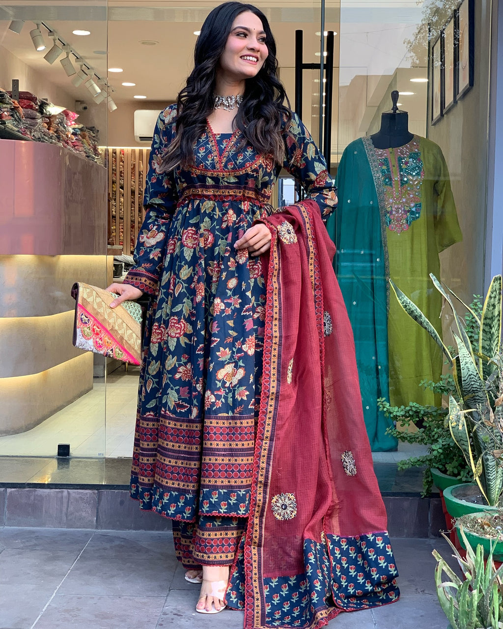 Deep Teal Floral Printed Cotton Anarkali Set with Lace Border & Contrast Maroon Dupatta