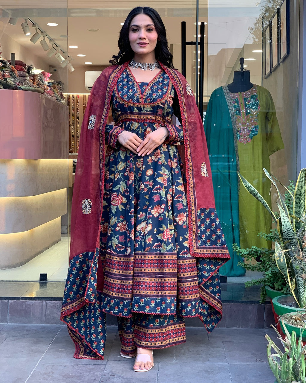 Deep Teal Floral Printed Cotton Anarkali Set with Lace Border & Contrast Maroon Dupatta