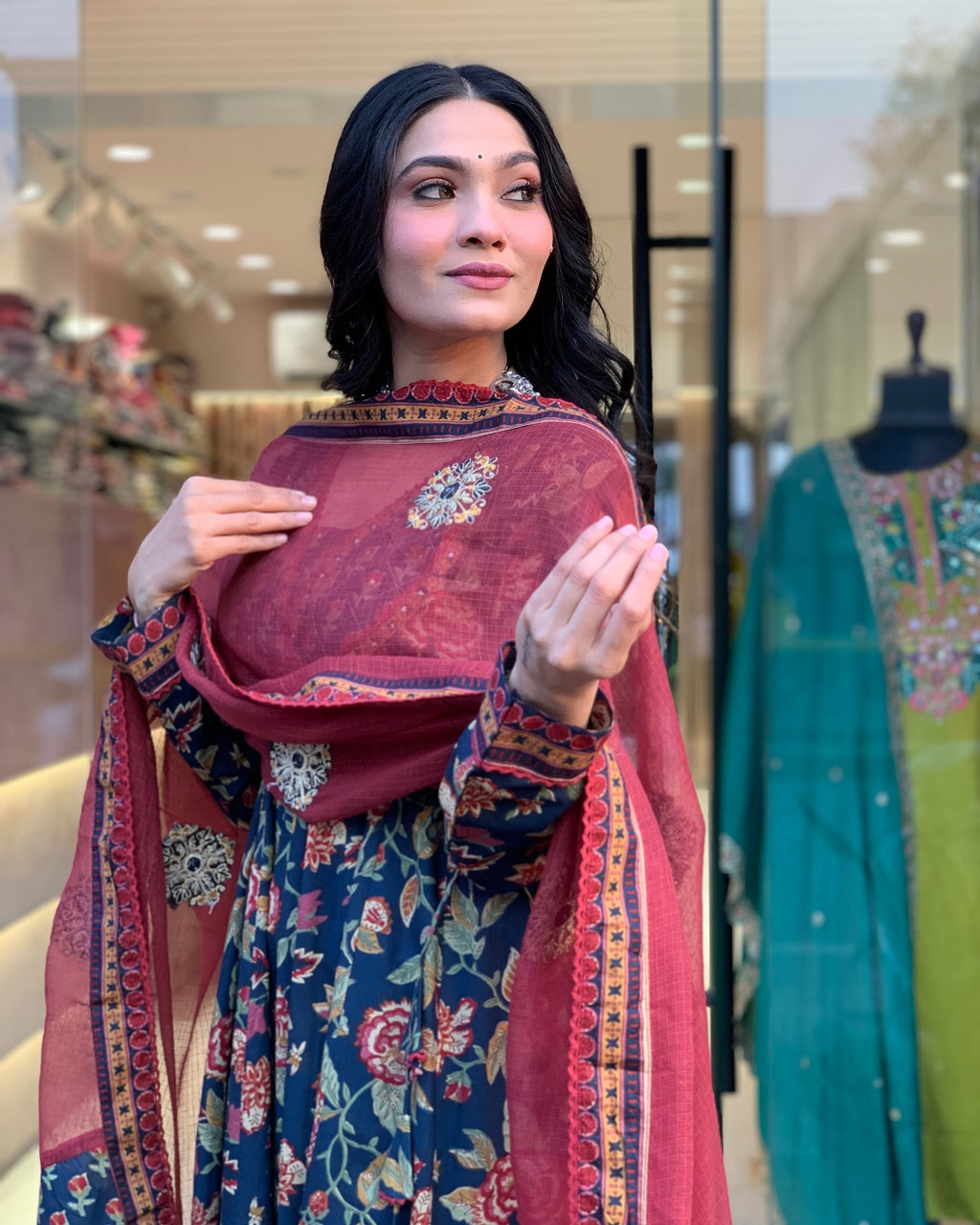 Deep Teal Floral Printed Cotton Anarkali Set with Lace Border & Contrast Maroon Dupatta