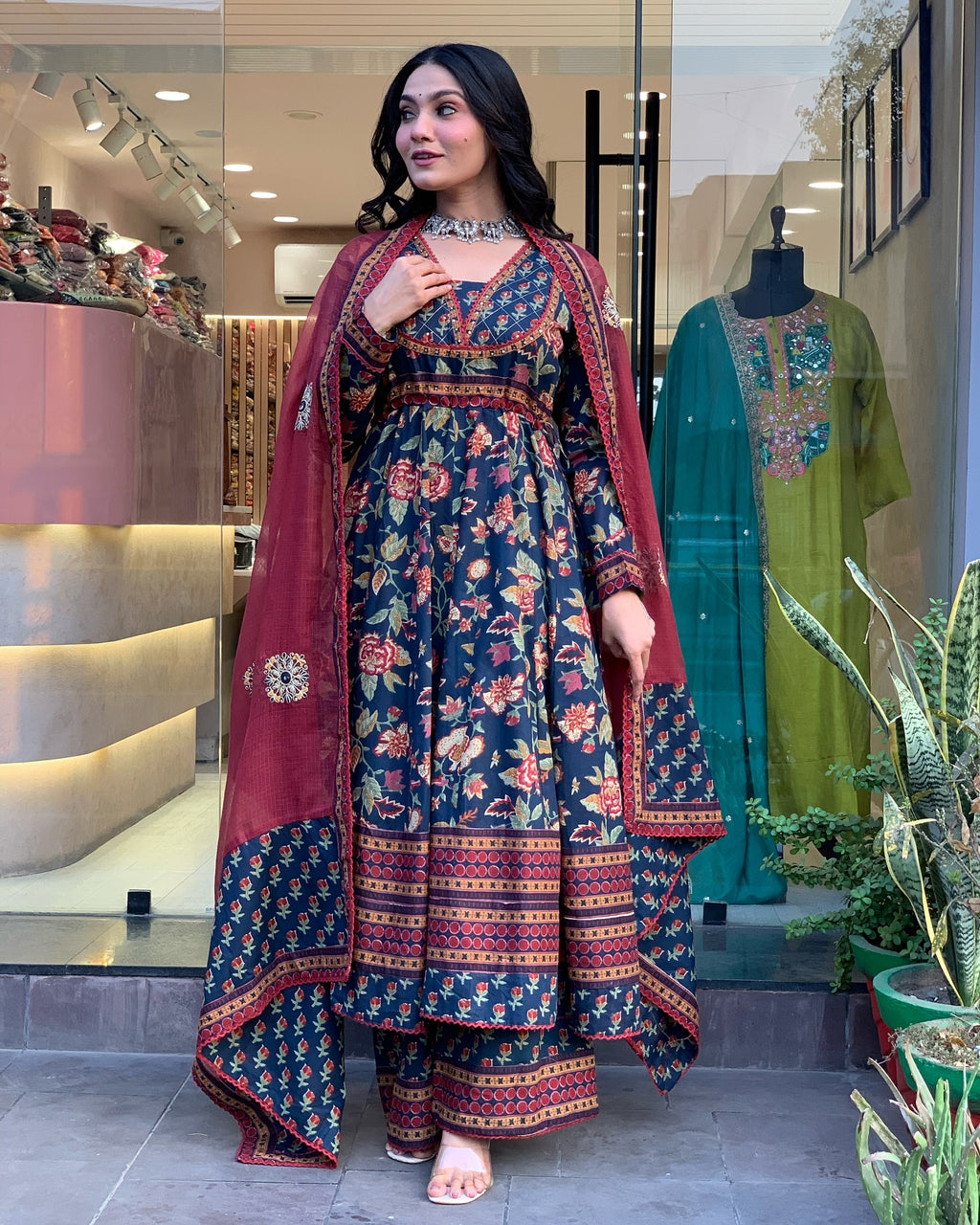 Deep Teal Floral Printed Cotton Anarkali Set with Lace Border & Contrast Maroon Dupatta
