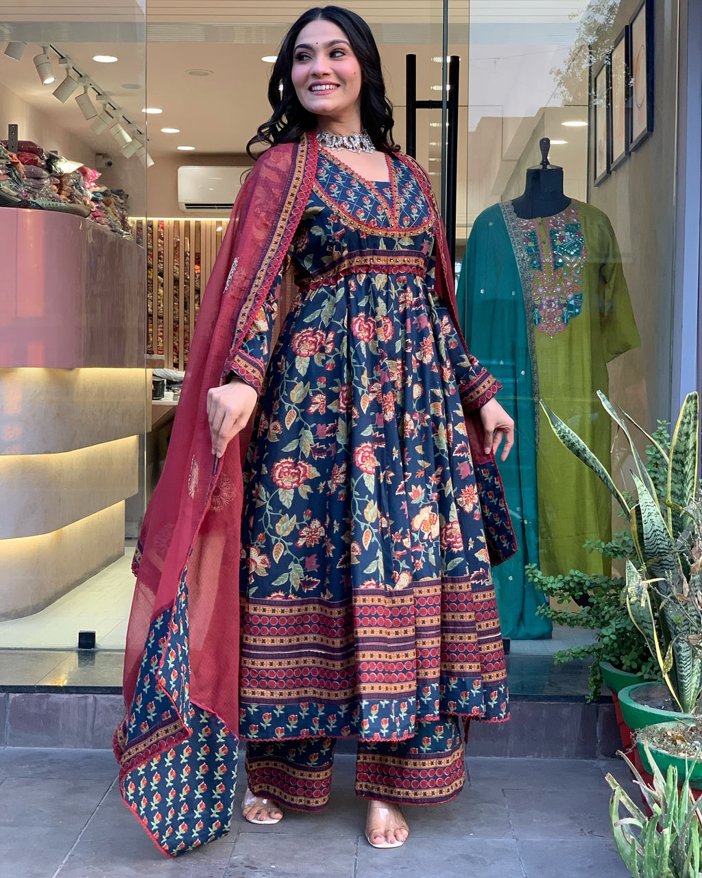 Deep Teal Floral Printed Cotton Anarkali Set with Lace Border & Contrast Maroon Dupatta