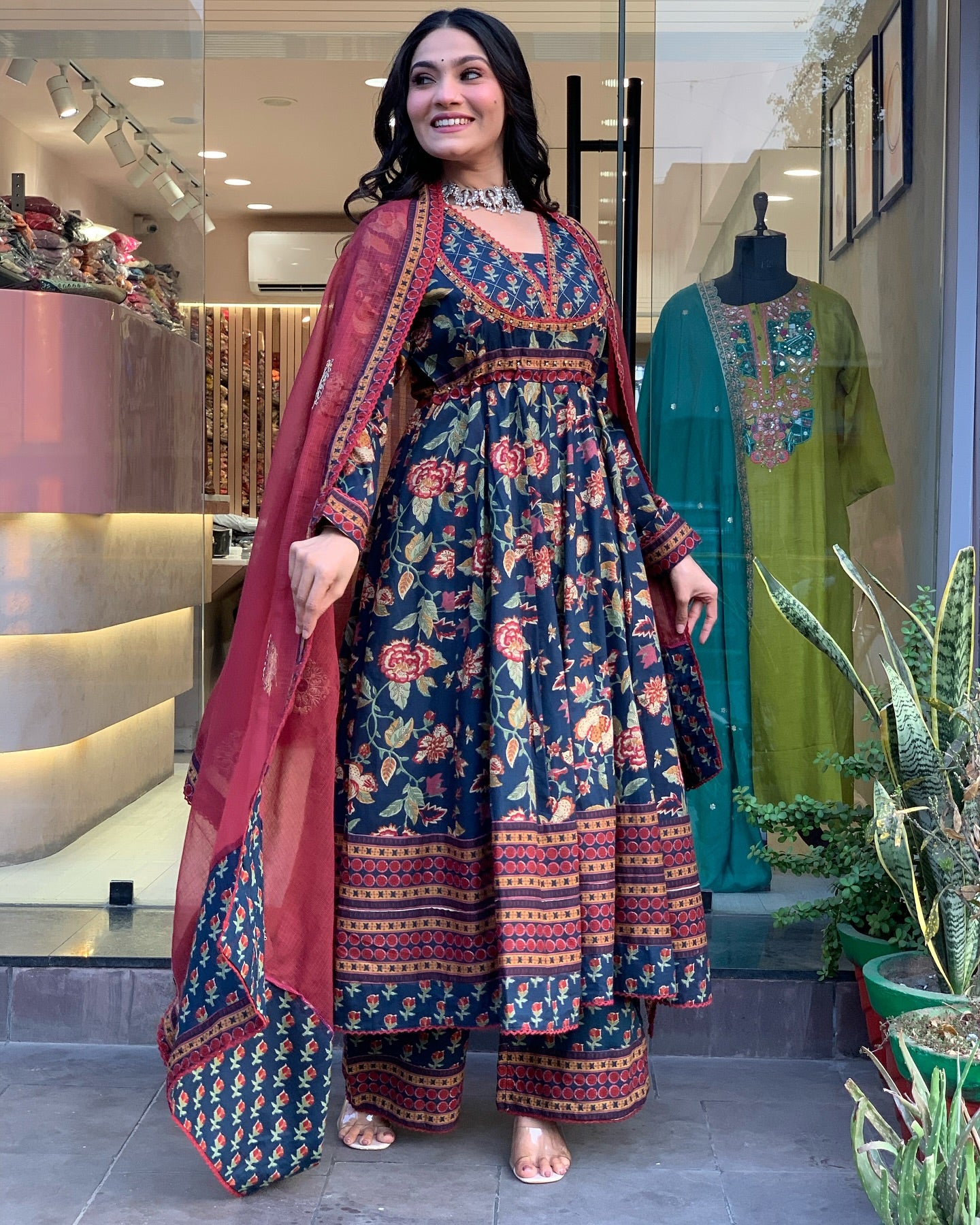 Deep Teal Floral Printed Cotton Anarkali Set with Lace Border & Contrast Maroon Dupatta