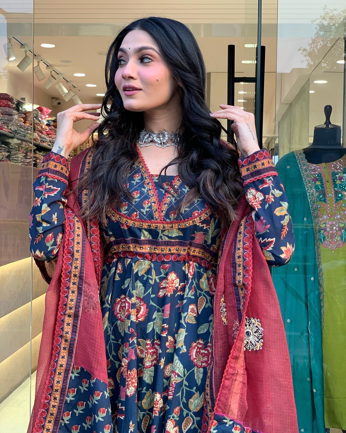 Deep Teal Floral Printed Cotton Anarkali Set with Lace Border & Contrast Maroon Dupatta