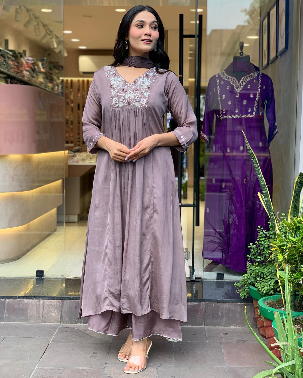 Viscose Chinon Anarkali Set with Floral Zari Yoke & Fluid Matching Dupatta