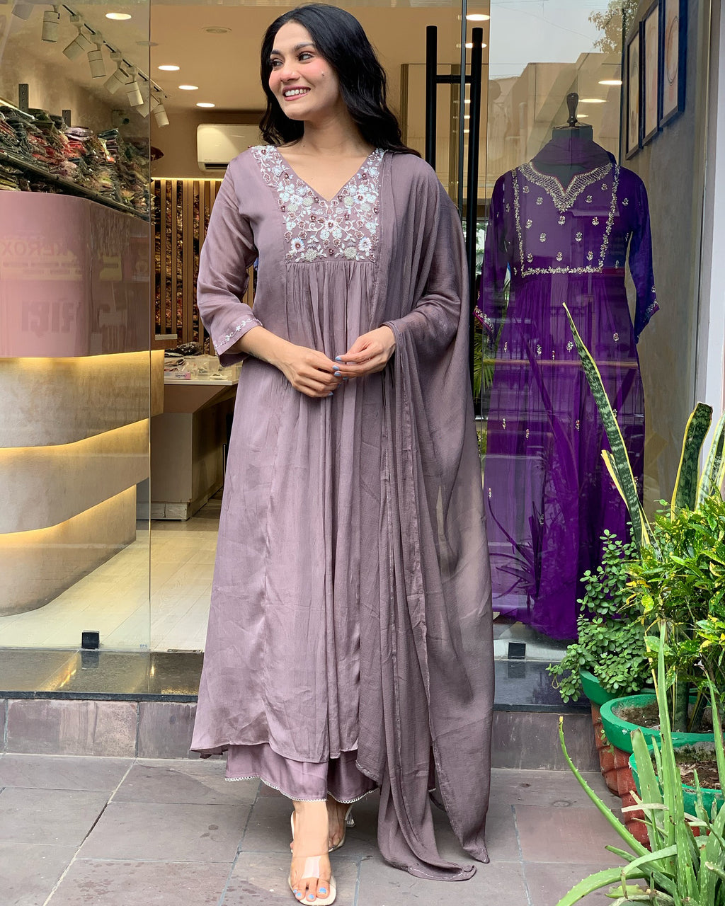 Viscose Chinon Anarkali Set with Floral Zari Yoke & Fluid Matching Dupatta