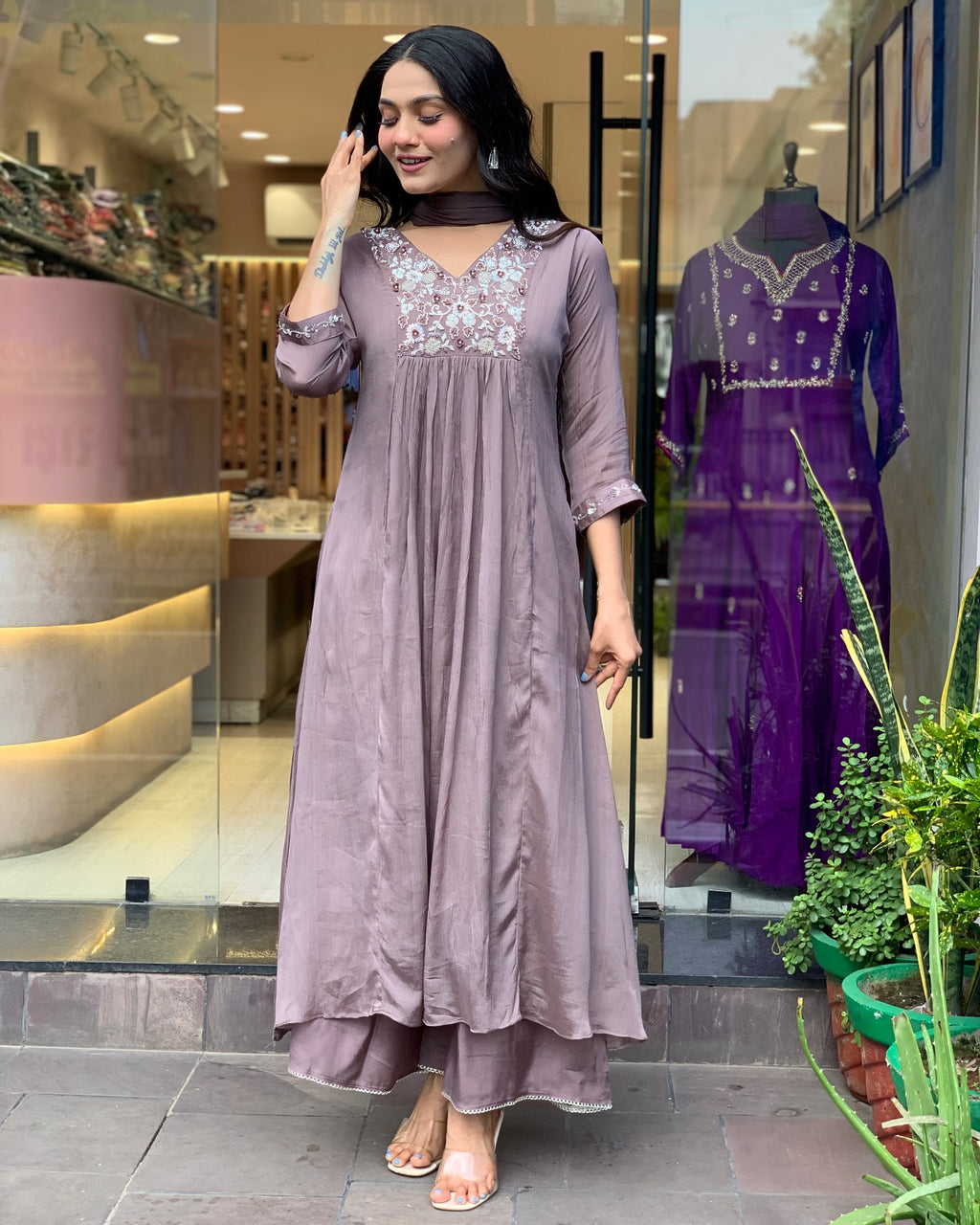 Viscose Chinon Anarkali Set with Floral Zari Yoke & Fluid Matching Dupatta