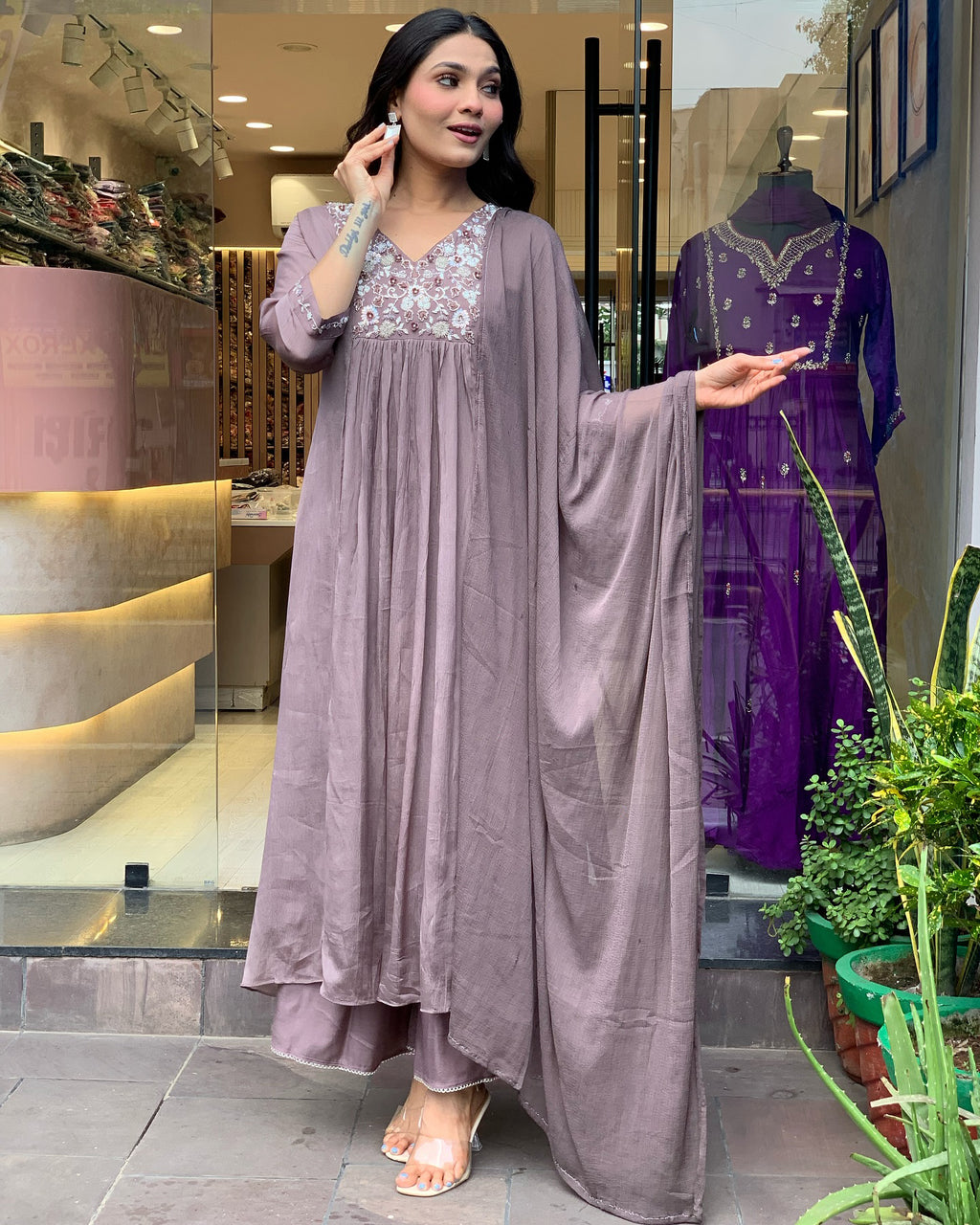 Viscose Chinon Anarkali Set with Floral Zari Yoke & Fluid Matching Dupatta
