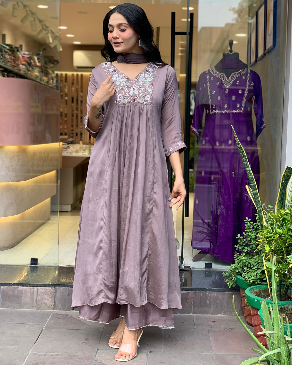 Viscose Chinon Anarkali Set with Floral Zari Yoke & Fluid Matching Dupatta
