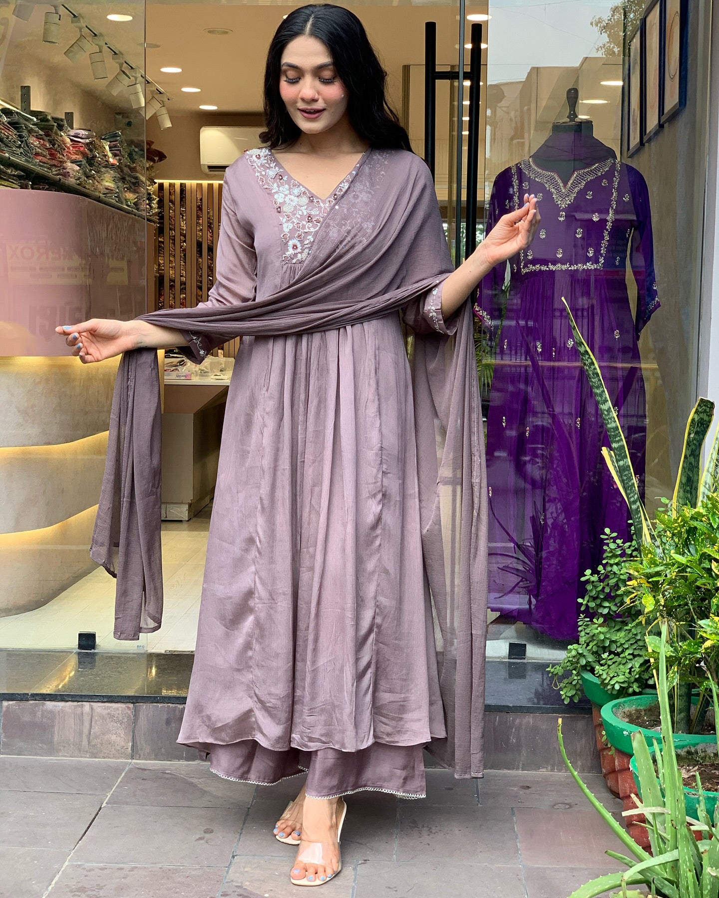 Viscose Chinon Anarkali Set with Floral Zari Yoke & Fluid Matching Dupatta