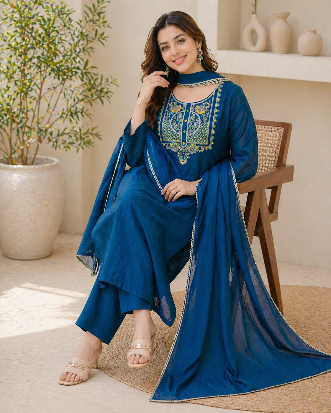 Azure Blue Embroidered Mul Chanderi Anarkali Set with Lace-Trimmed Dupatta