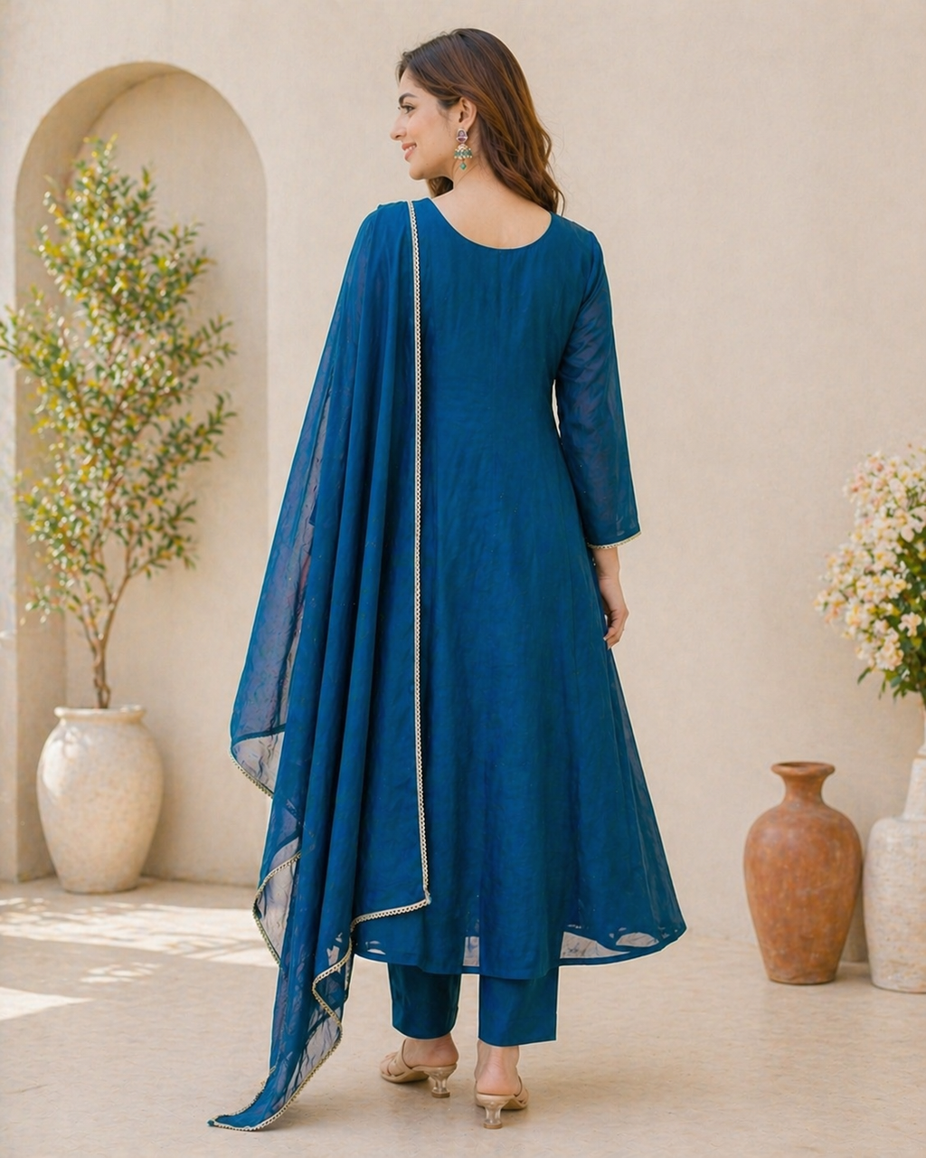 Azure Blue Embroidered Mul Chanderi Anarkali Set with Lace-Trimmed Dupatta