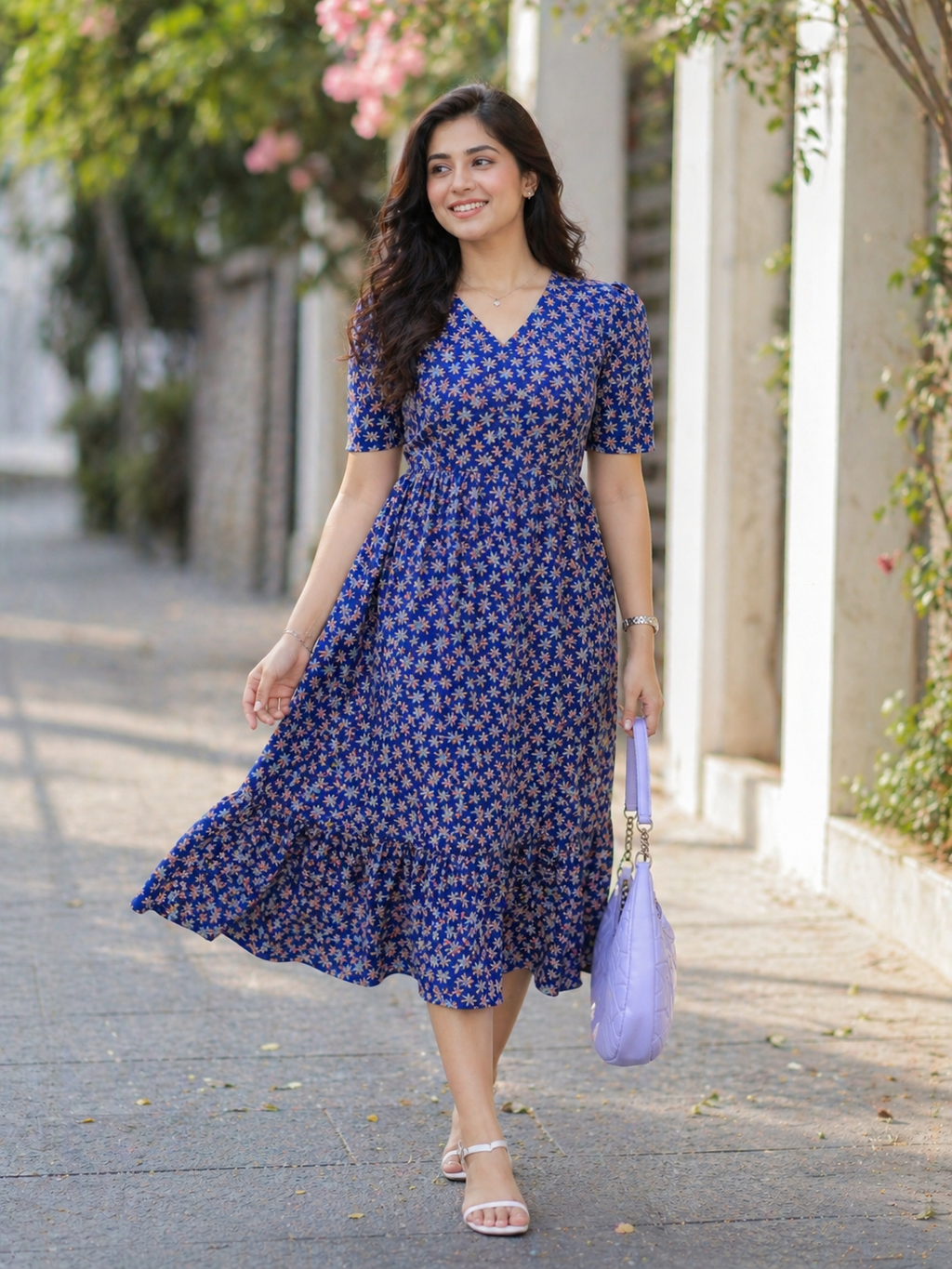 Women’s Floral Print Cotton Midi Dress with Ruffle Hem
