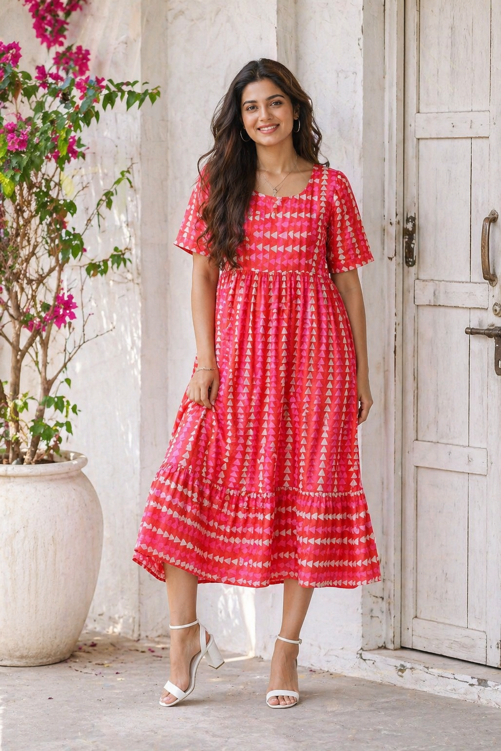 Crimson Geometric Cotton Midi Dress