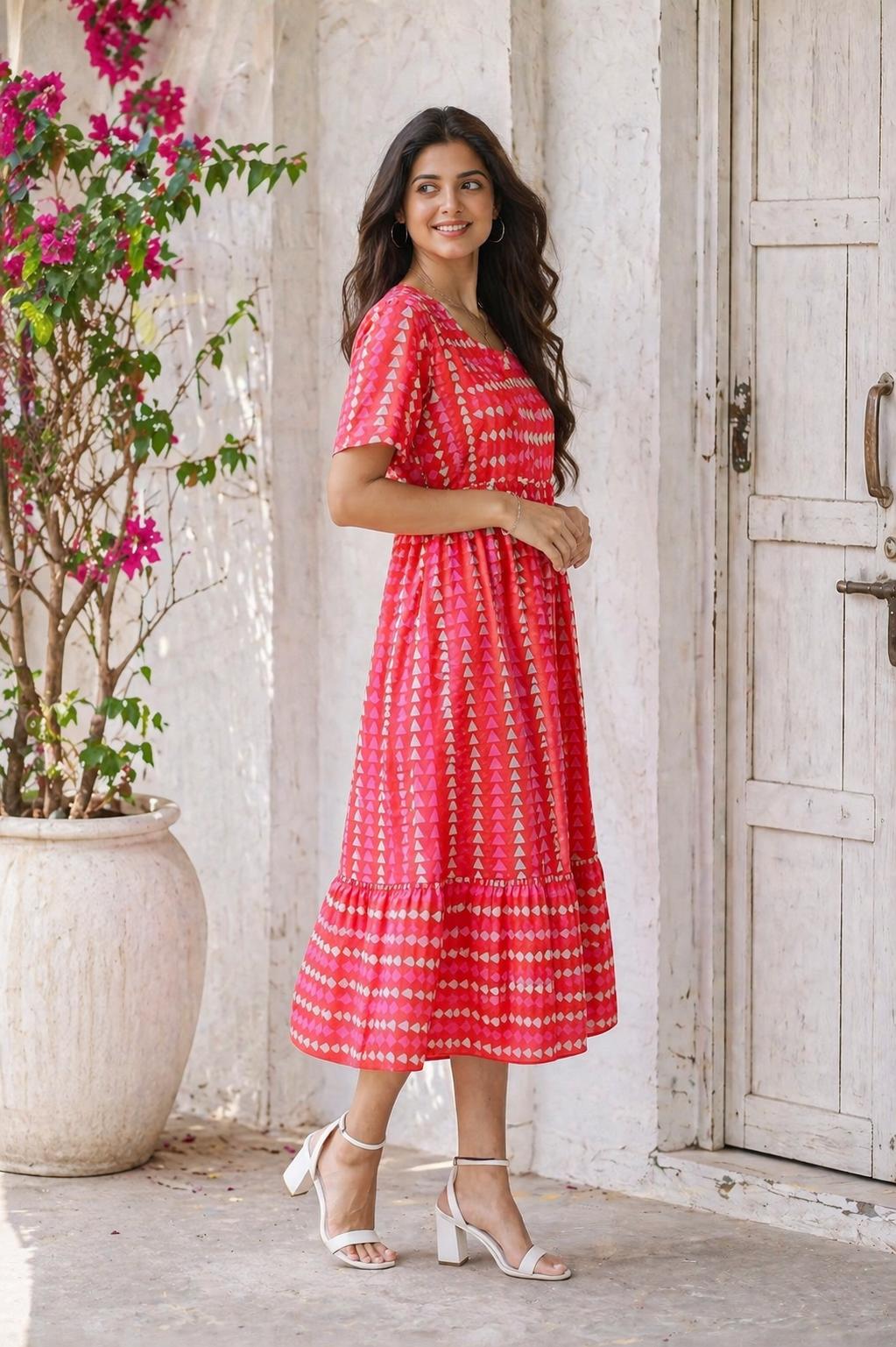 Crimson Geometric Cotton Midi Dress