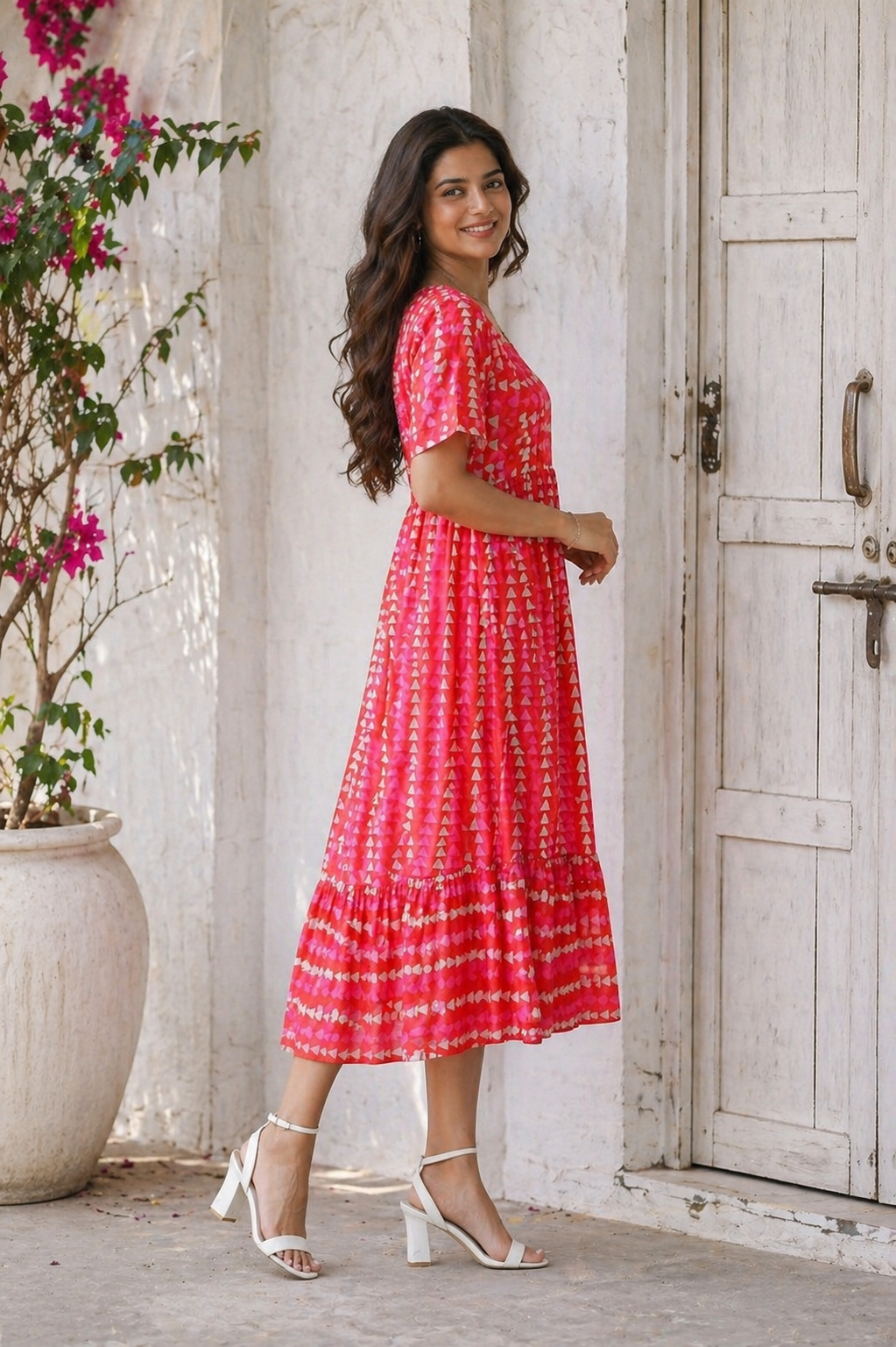 Crimson Geometric Cotton Midi Dress