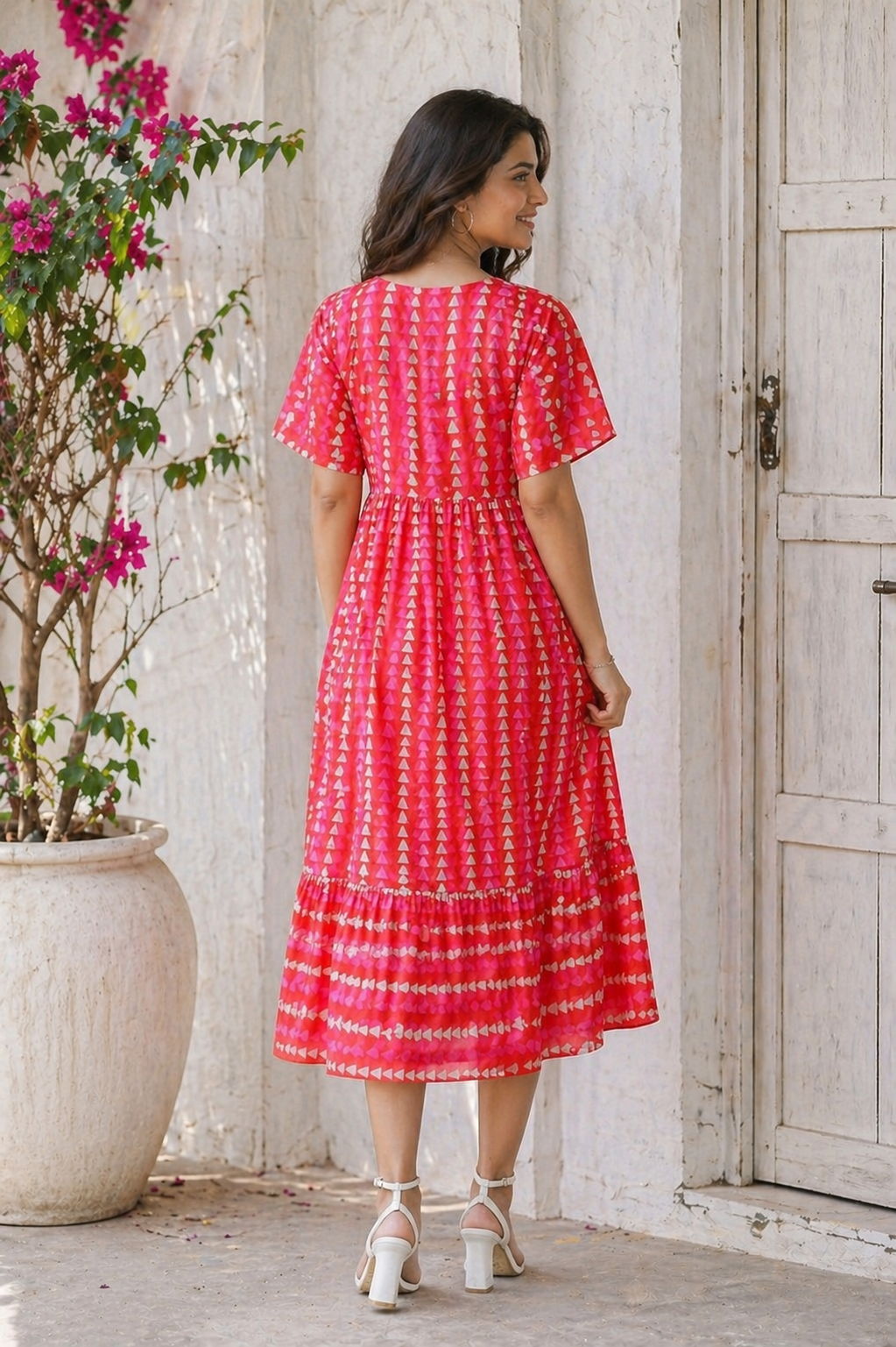 Crimson Geometric Cotton Midi Dress